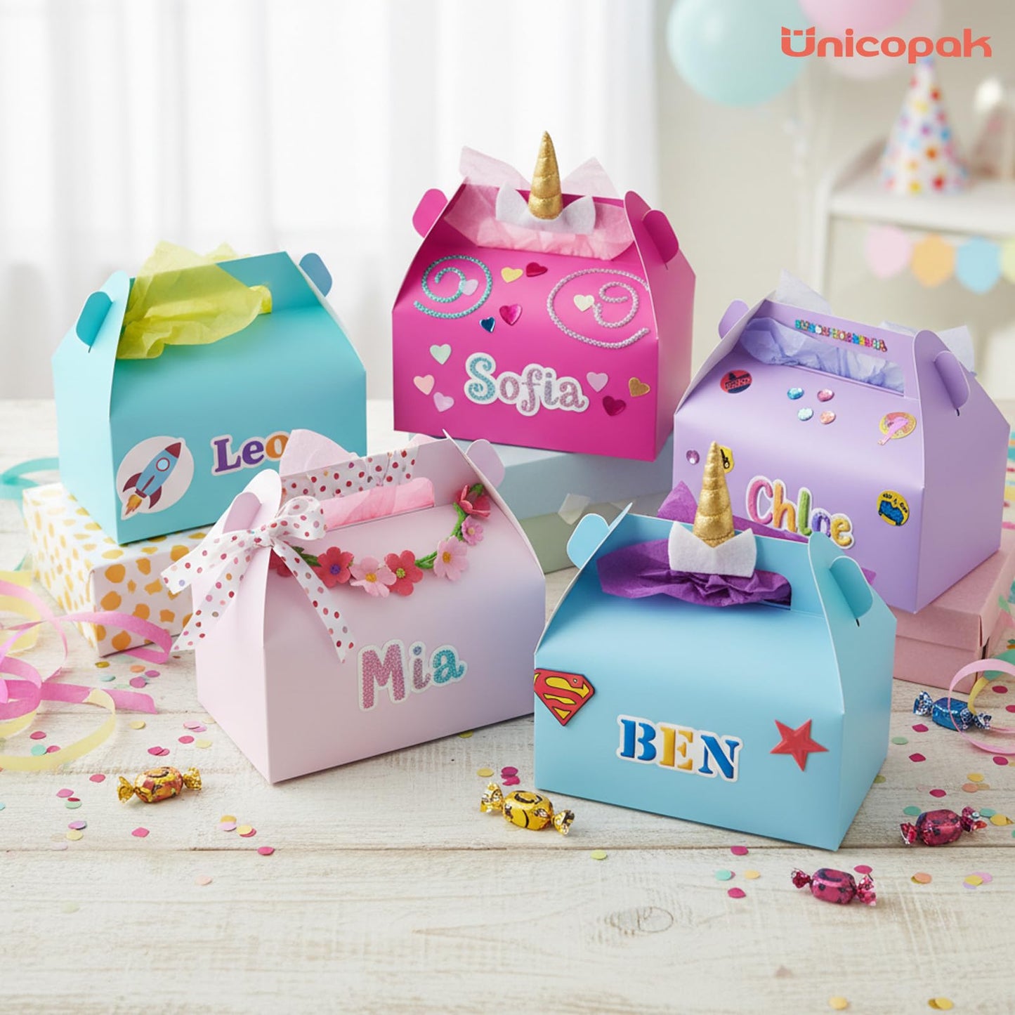 UnicoPak 10 Pack Pastel Party Favor Bag Boxes, Gable Gift Boxes with Handles for Candies Treats