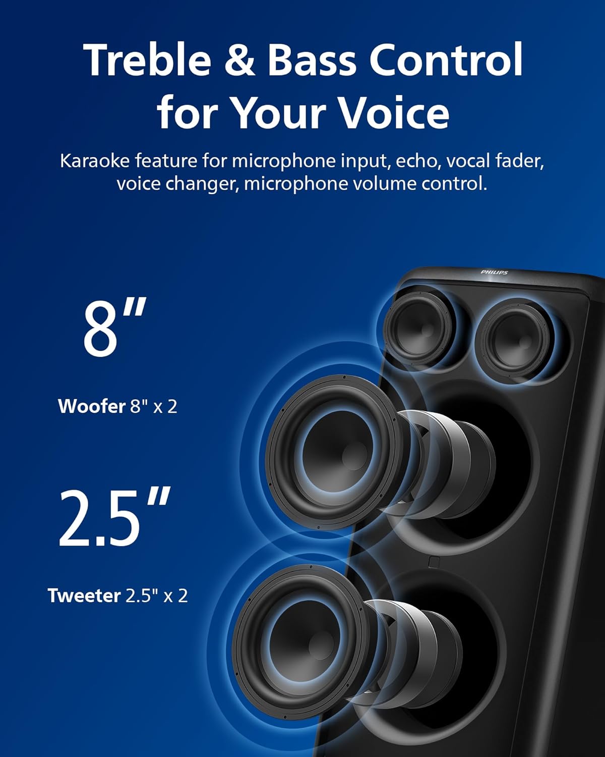 Philips X5206 bluetooth party speaker, portable with wheels, exciting light show, karaoke machine with microphone and Guitar Input, powerful bass & subwoofer, long playtime, perfect for outdoor events