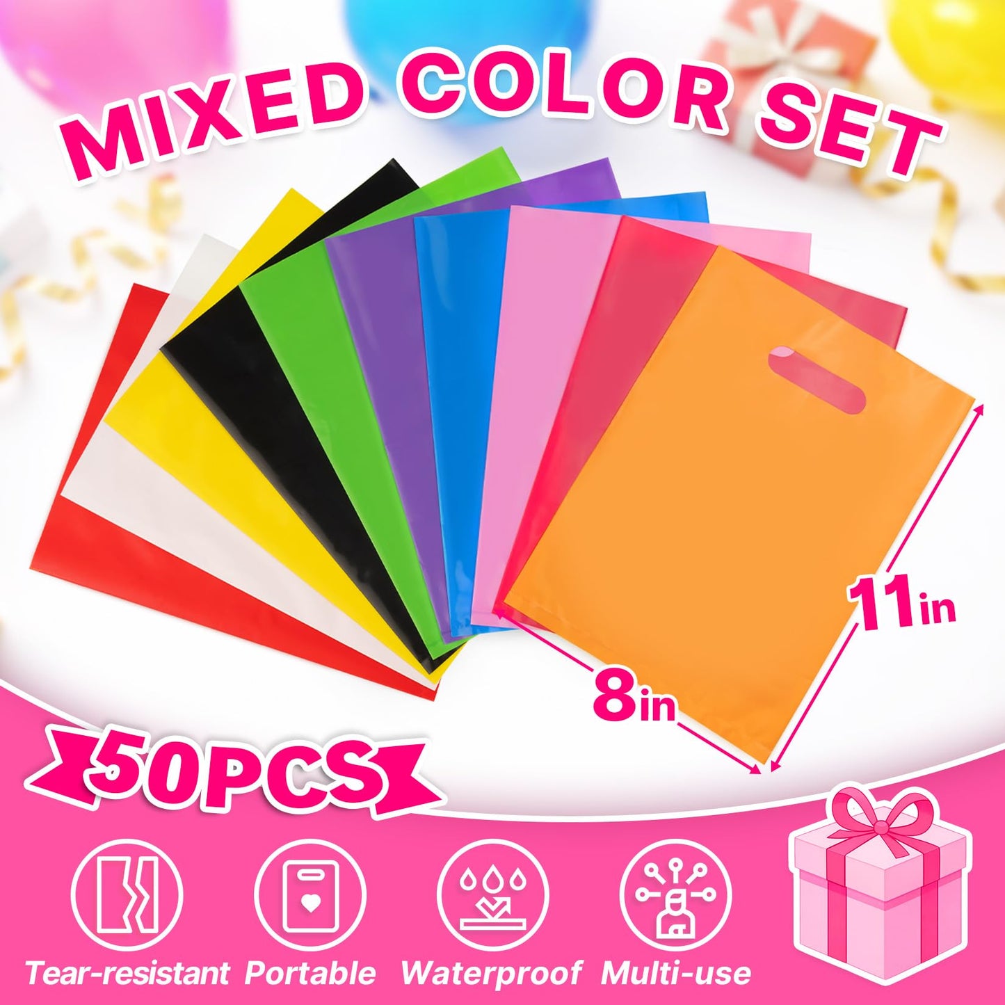 ANZNKU 50PCS Colorful Party Favor Gift Bags 8x11, Plastic Goodie Bags Bulk