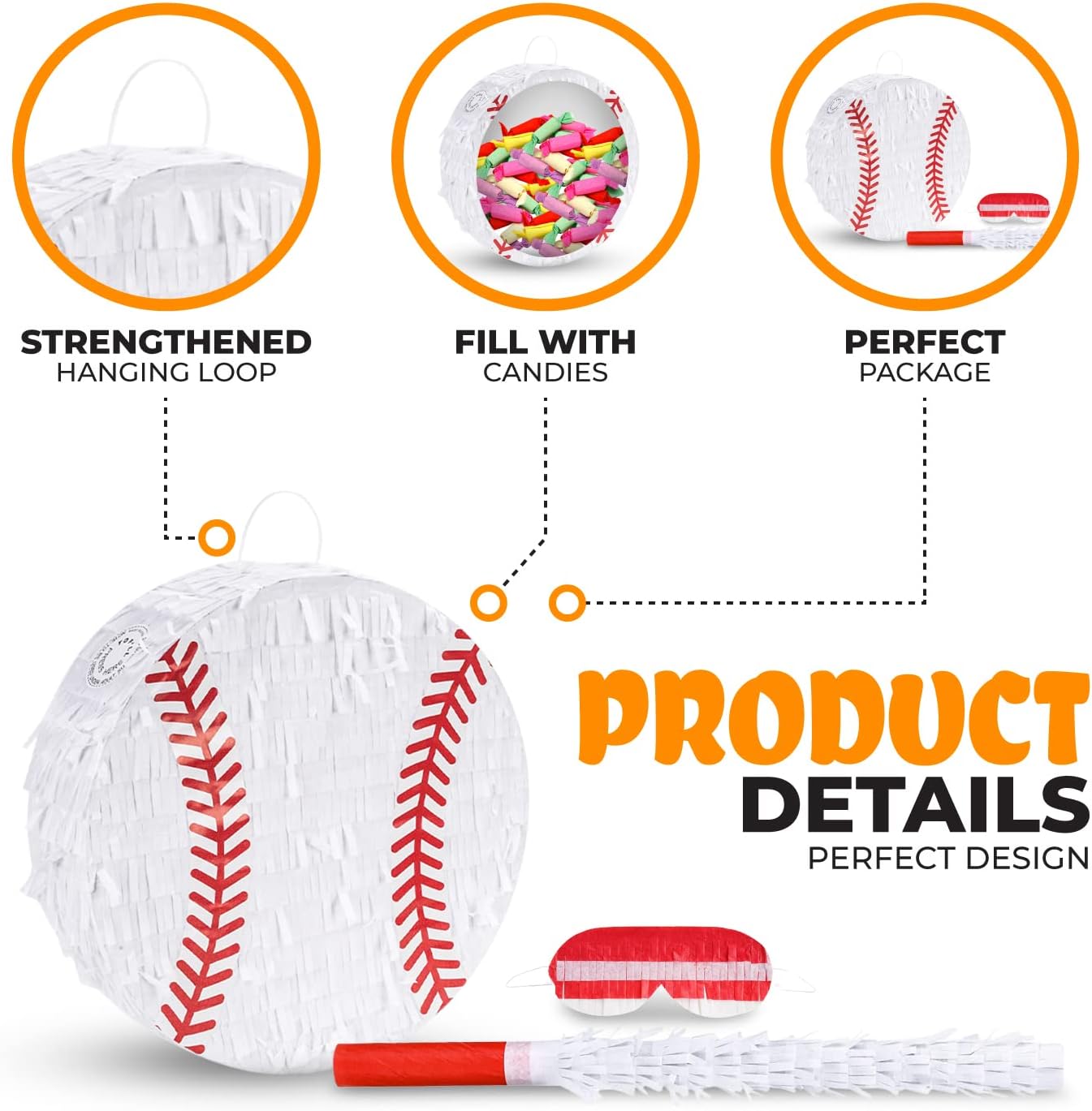 Baseball Pinata Bundle with a Blindfold and Bat (13"x13"x4"), Baseball Pinata for Boys, Perfect for Birthday Party, Sport Theme Party, Decoration