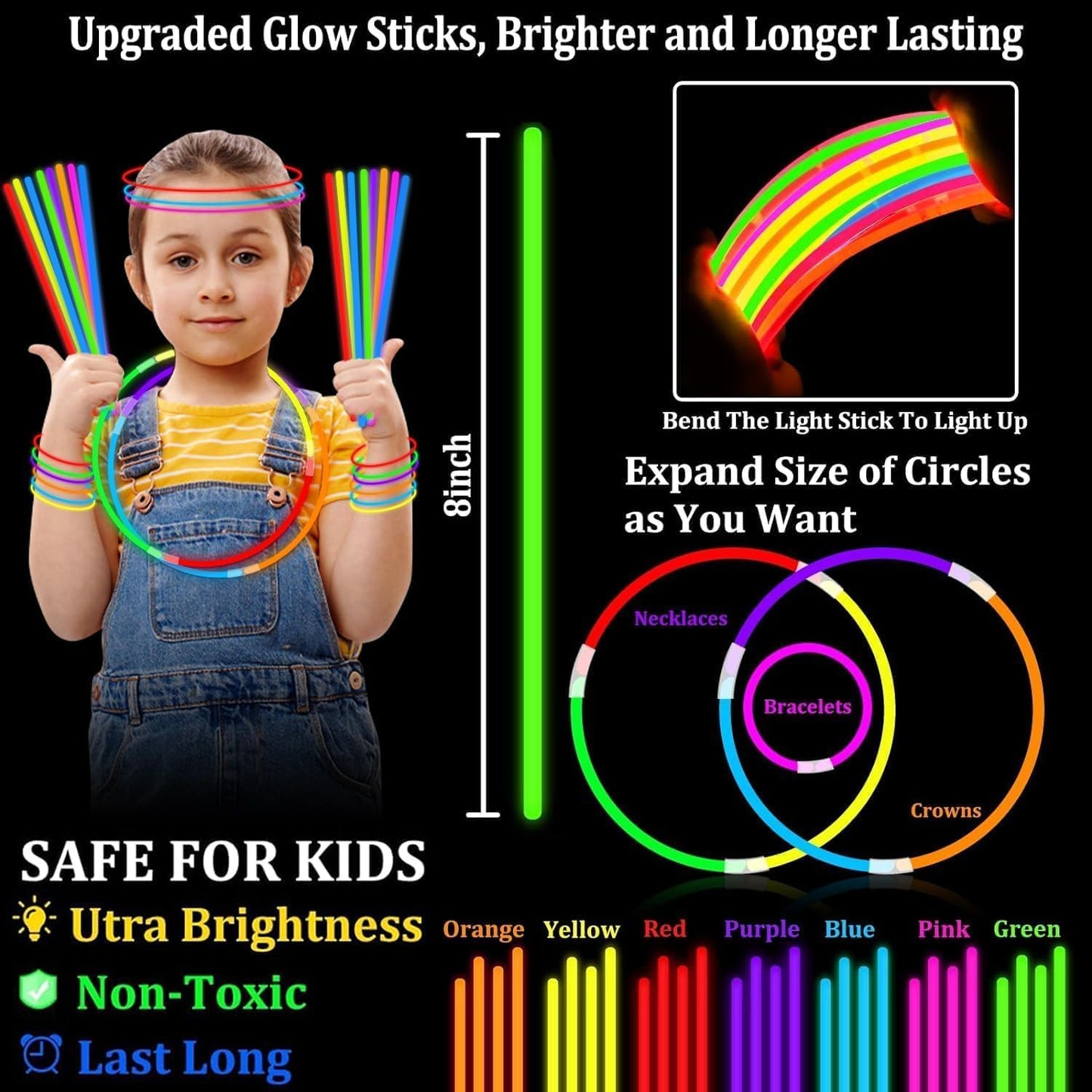 TURNMEON 240 Pack Ultra Bright Halloween Glow Sticks Bulk Party Pack Halloween Glow In The Dark Halloween Party Supplies Favors Glow Sticks Necklaces Bracelets with Connectors 8" Glow stick Light Up