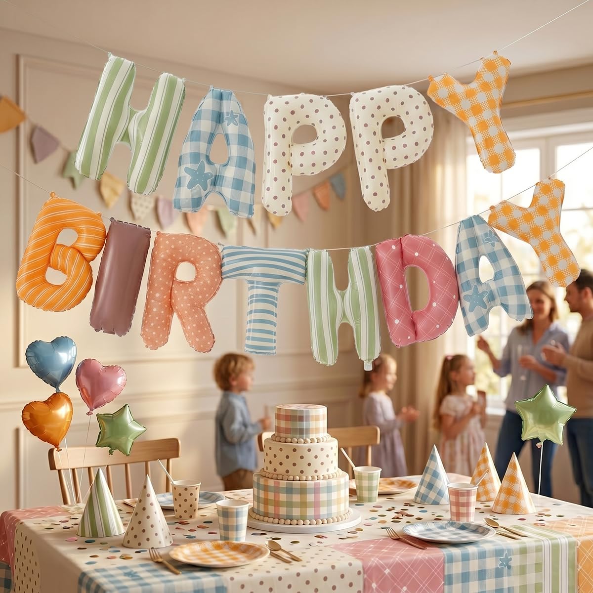 Vrukiaa Colorful Happy Birthday Banner Foil Letter Balloon, 14 Inch 3D Plaid, Polka Dots, Stripes
