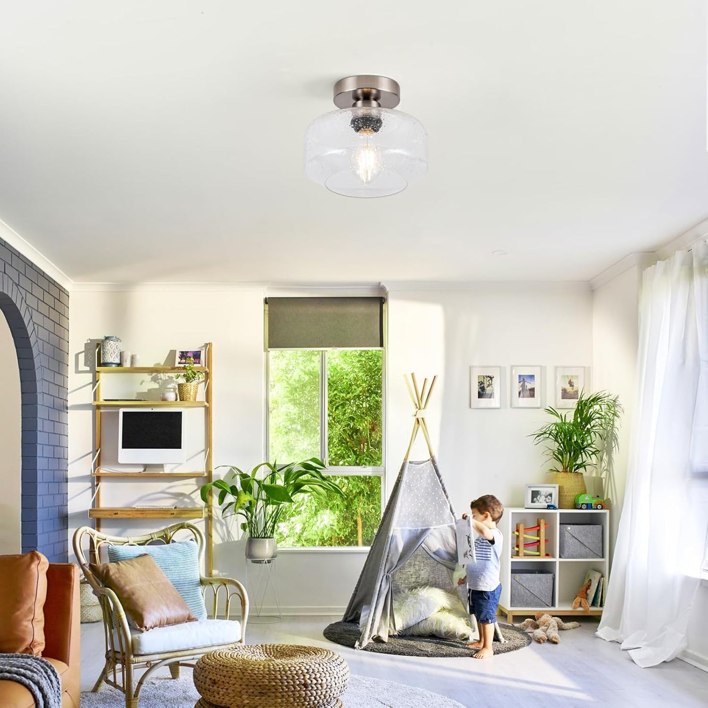 Semi Flush Mount Ceiling Light, Vintage Style - Clear Seeded Glass & Brushed Nickel with 900 Lumens LED Bulb Included, Suitable for Kitchen, Bathroom, Hallway, Bedroom, Entryway