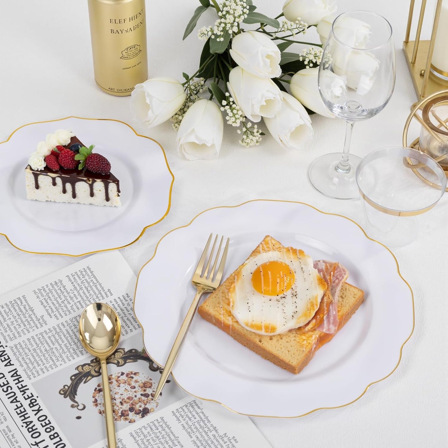 bUCLA 180PCS White and Gold Plastic Plates Disposable - White with Gold Rim Dinnerware Set Include 30 Guests Dinner & Dessert Plates, Cups, Cutlery Set for Wedding, Party & Thanksgiving Table Decor