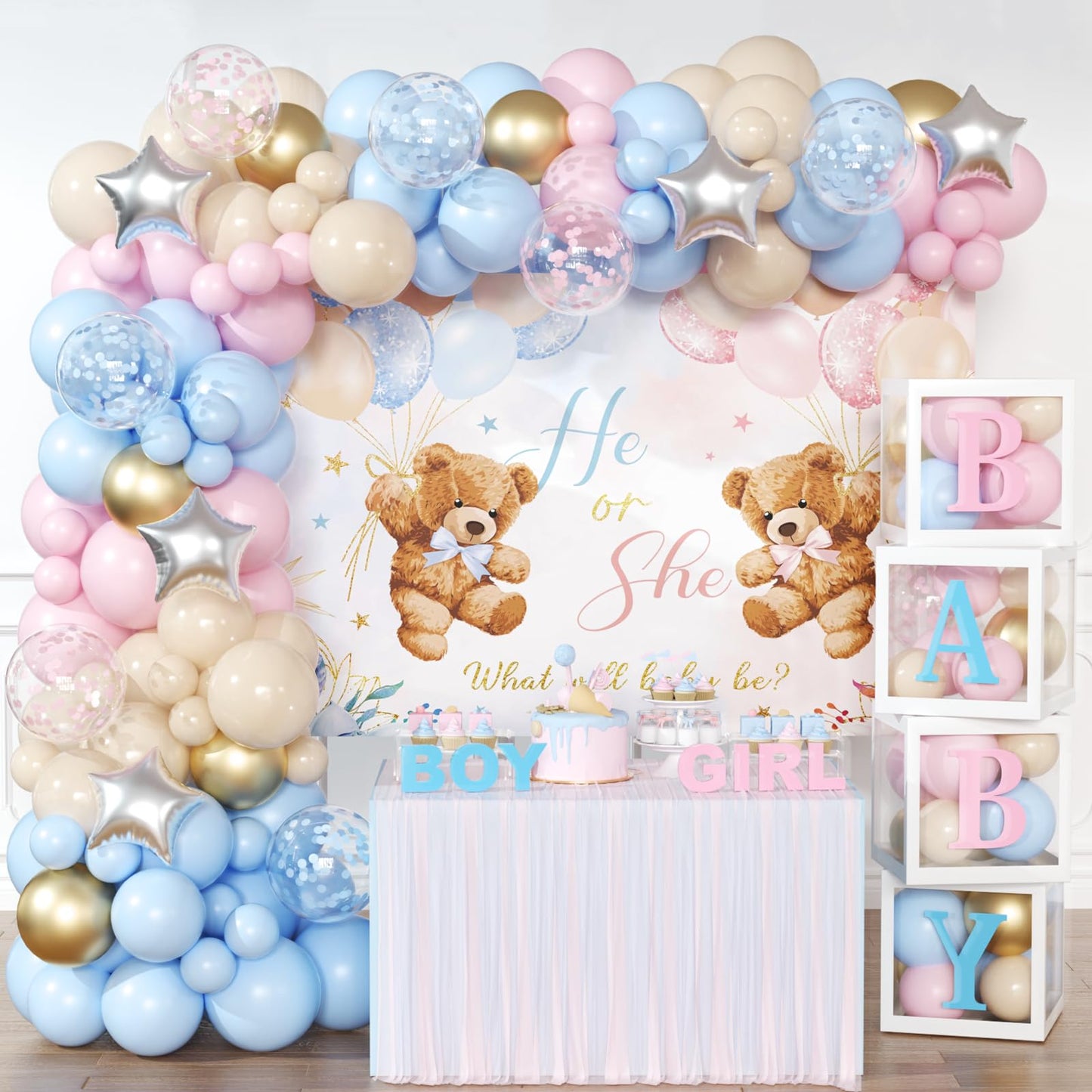 Bear Gender Reveal Decorations - 158pcs Pink Blue Balloon Garland Kit, 4pcs Baby Boxes With