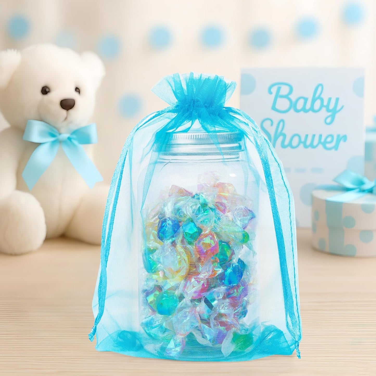 ANZNKU 100 Pack Organza Bags 6x9 Inch, Mesh Bag Drawstring Jewelry Pouches, Large Organza Gift Bags for Party Favor, Baby Shower(Lake Blue)