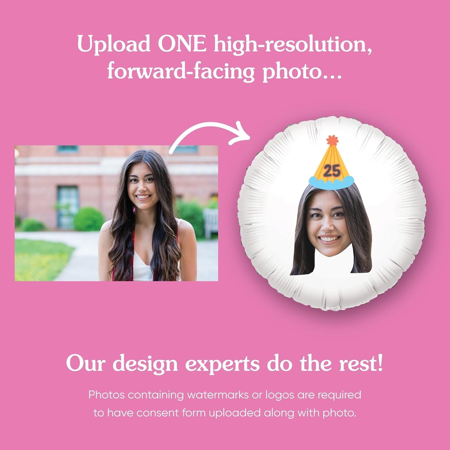 Big Dot of Happiness Personalized Party Time Happy Birthday Colorful Cone Hat Fun Face Photo Balloon, Adult & Kids Bday Party Decorations, Custom Double-Sided Circle Mylar, 1 Piece