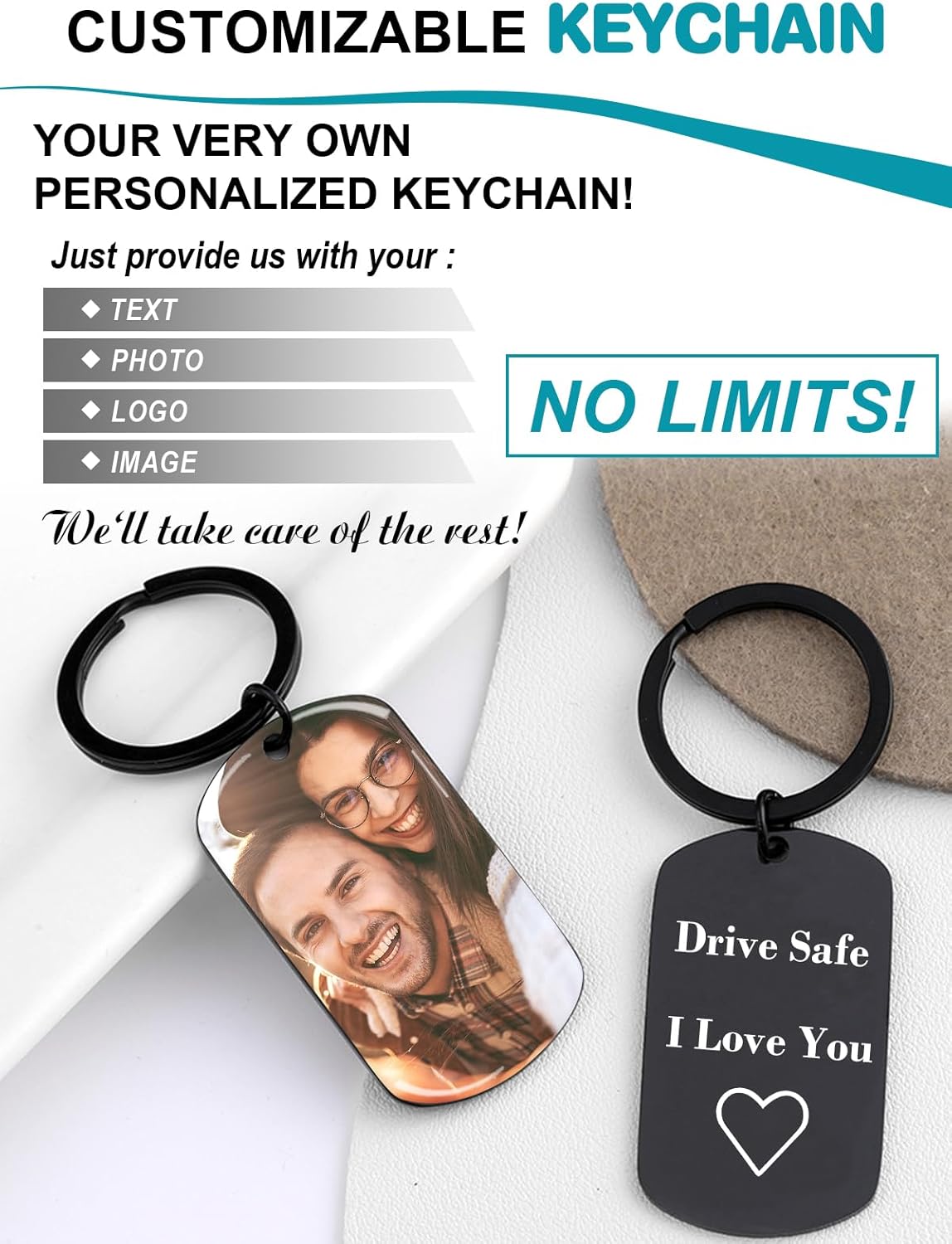 Custom Keychain with Picture - Personalized Photo LOGO Text Customized Key Chain for Boyfriend Dad Men Gifts