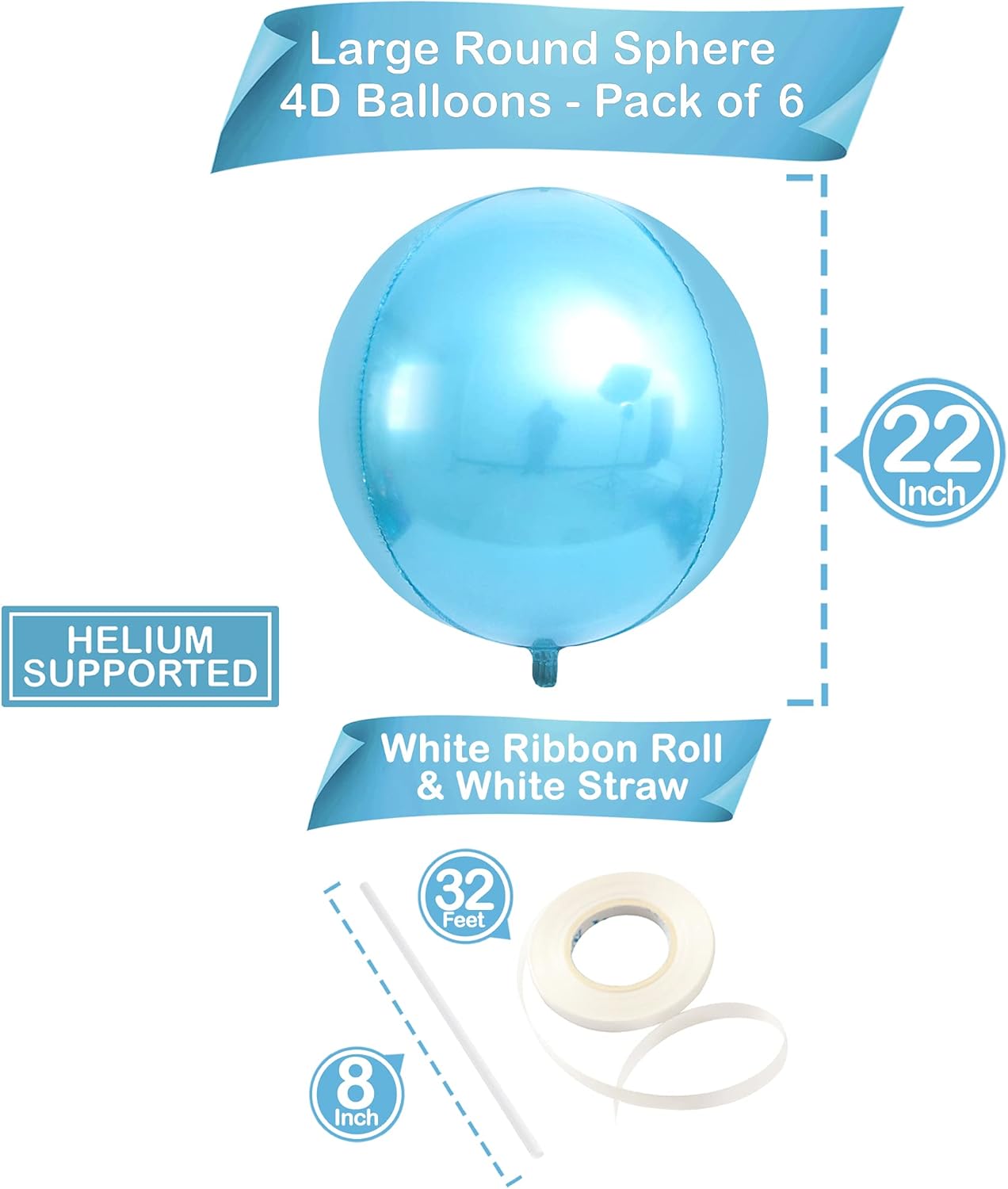 KatchOn, Light Blue Foil Balloons - 22 Inch, Pack of 6 | Light Blue Metallic Balloons | Baby Foil Balloon for Gender Reveal Decorations | Shark Theme Birthday Decor | Under The Sea Party Decorations