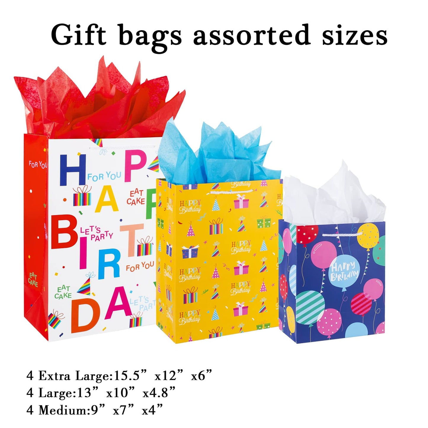 Birthday Gift Bag with Handle and Tissue Paper, 12 Pcs Gift Bags Assorted Sizes and Designs, Large