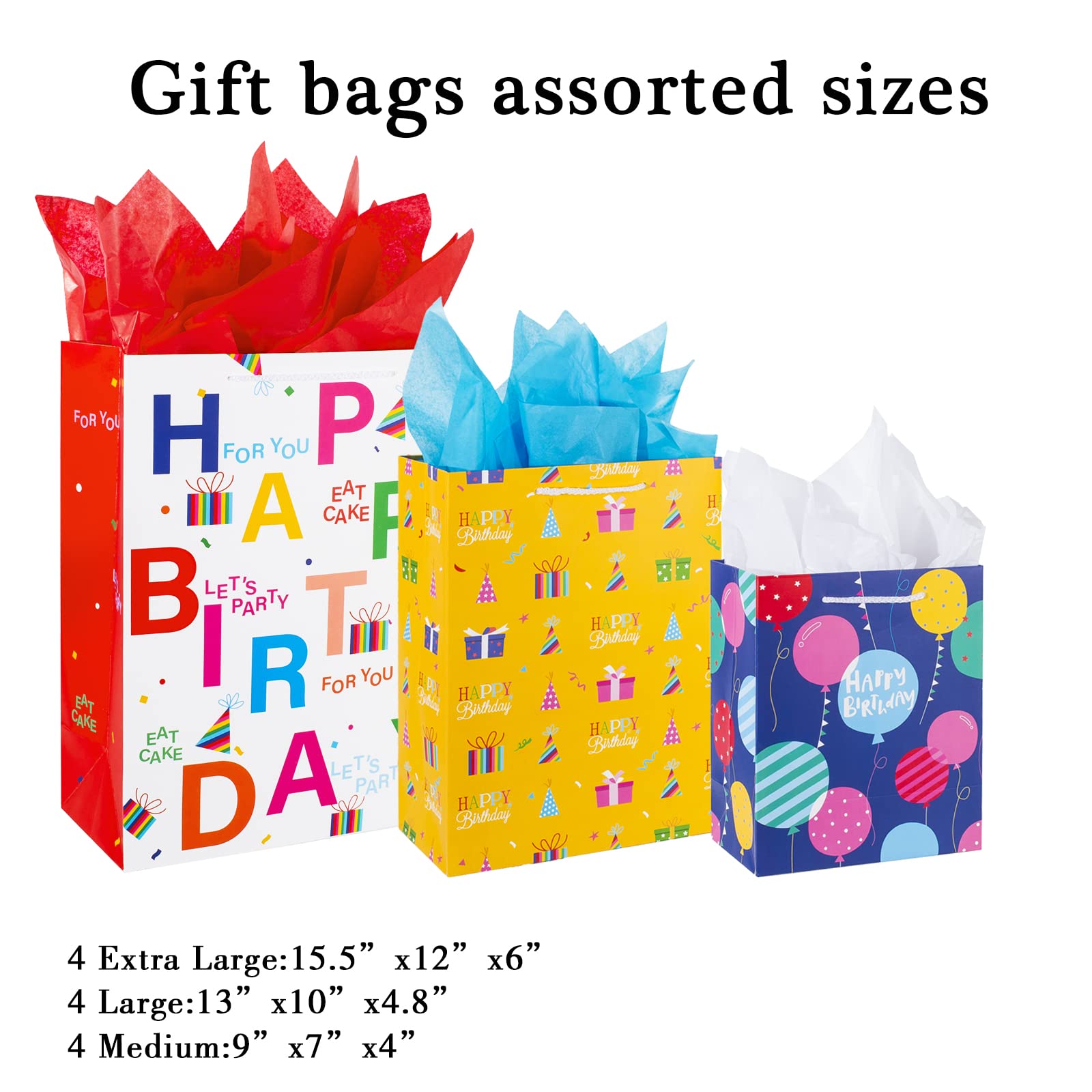 Birthday Gift Bag with Handle and Tissue Paper, 12 Pcs Gift Bags Assorted Sizes and Designs, Large