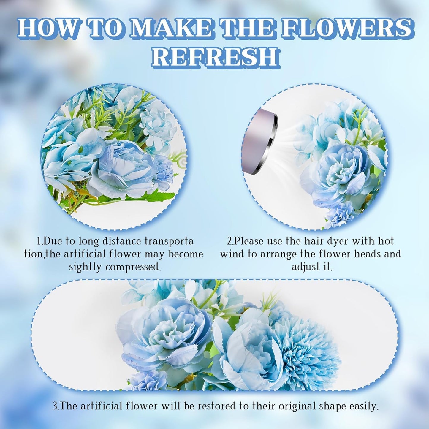 Artificial Flowers, Fake Peony Silk Hydrangea Bouquet Decor Plastic Carnations Daisy Realistic Flower Arrangements Wedding Decoration Table Centerpieces,for Home Office Party Decor 2 Pcs(Blue)