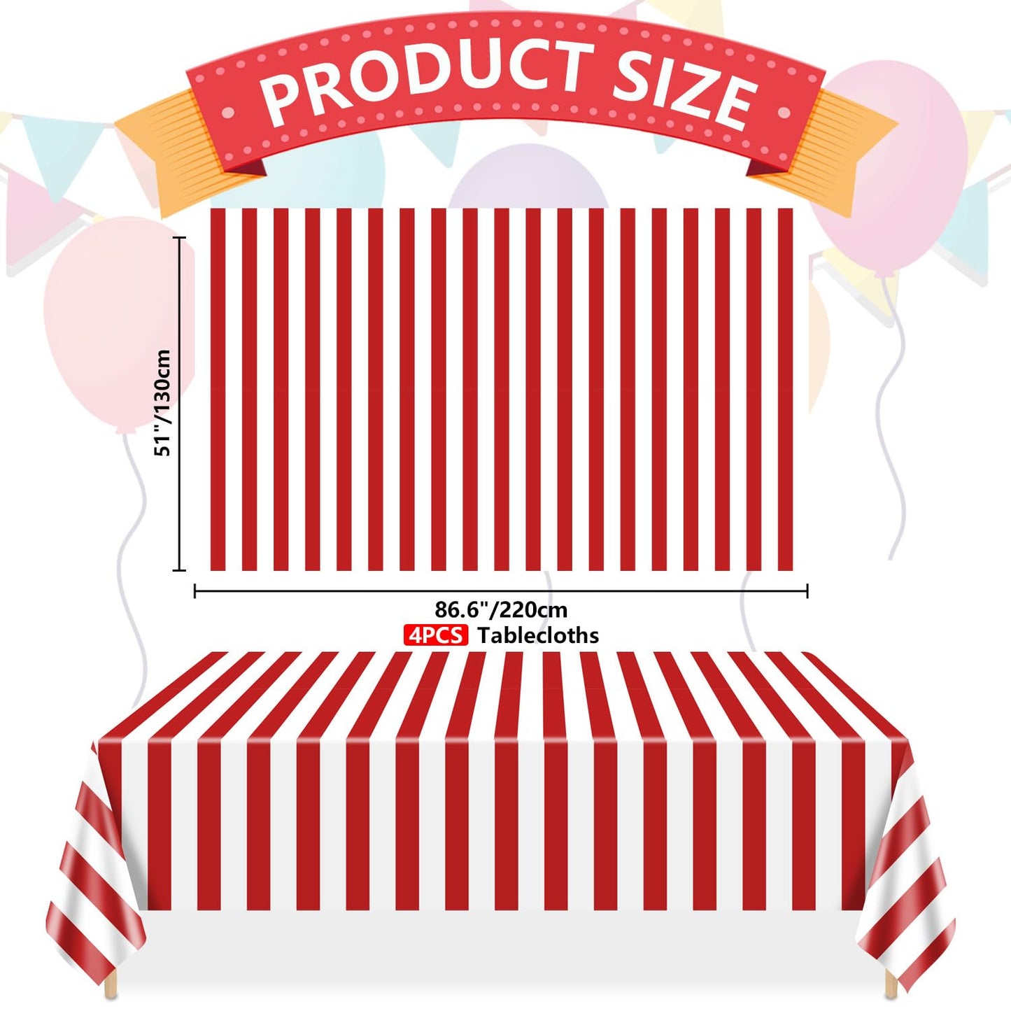 4 Pcs Carnival Tablecloths, Red and White Stripe Tablecloths, Red Plastic Table Cover, Circus Theme