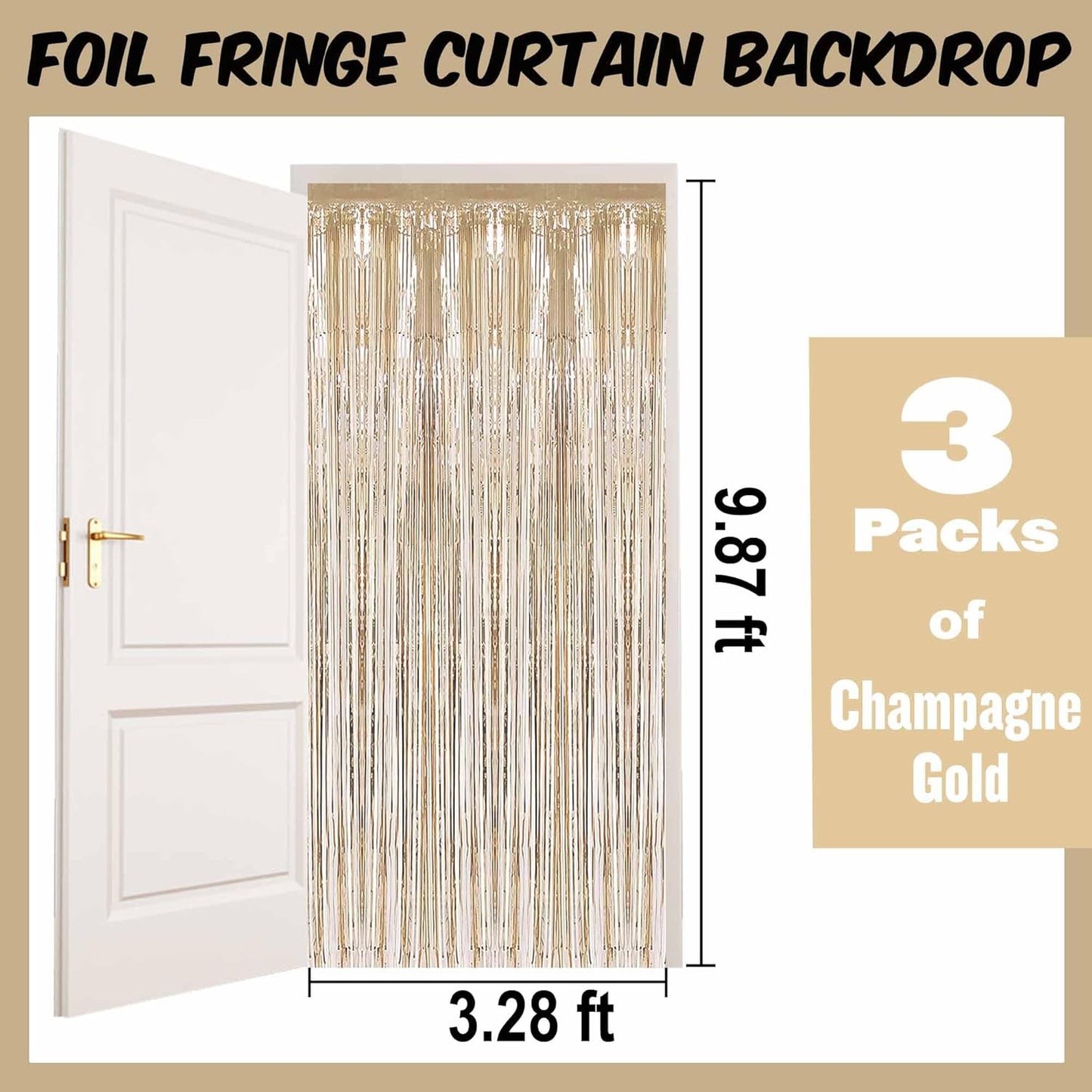 3 Pack Champagne Gold Foil Fringe Curtains Backdrop, 3.28 x 9.8 Ft Metallic Streamers Tinsel Curtains Background for Photo Booth, Birthday, Halloween, Christmas, New Year Party Decorations