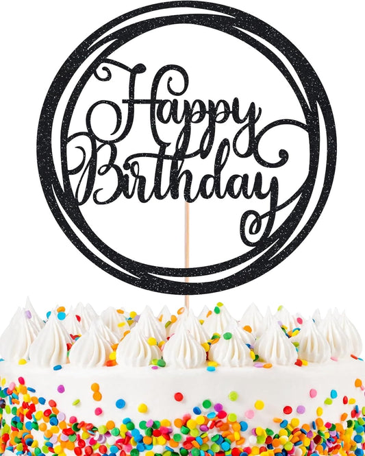 Happy Birthday Cake Topper - Black Glitter Happy Birthday Cake Decoration Supplies for Children or Adults - Happy Birthday Cake Bunting Decor, Photo Booth Props