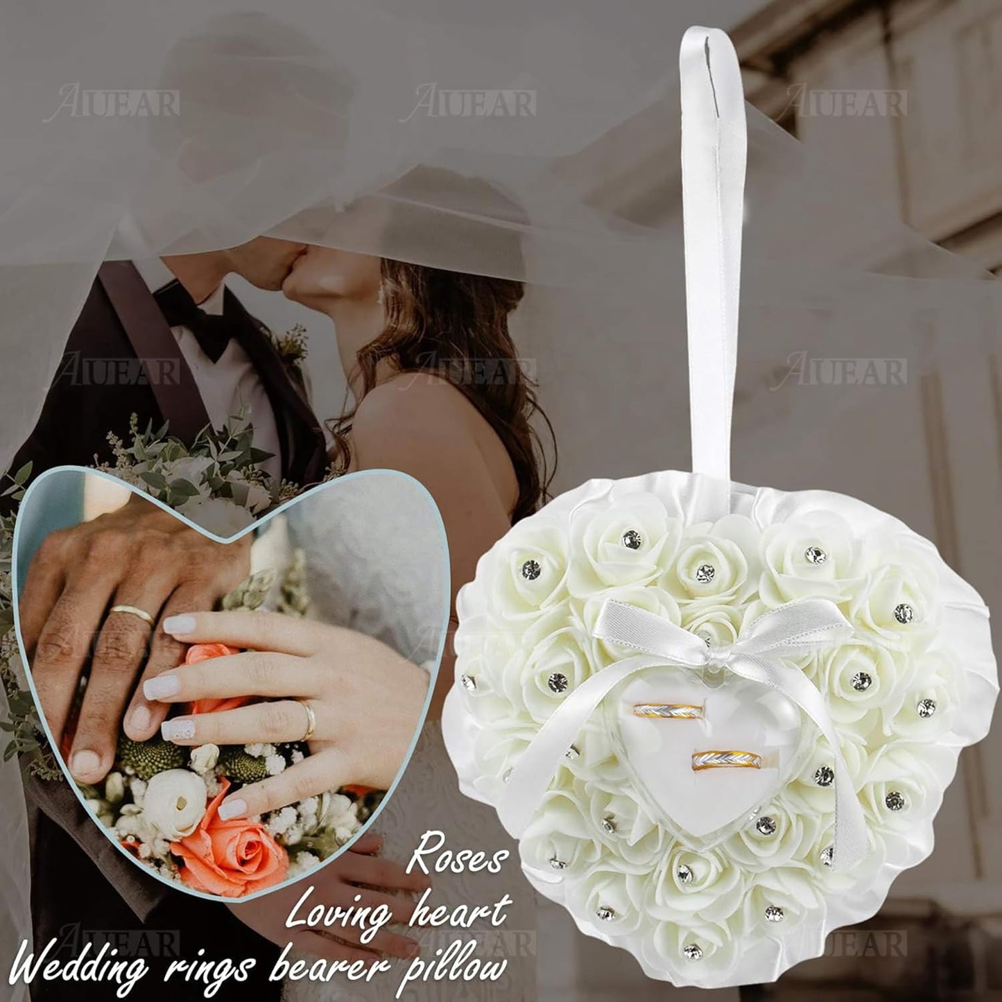 AUEAR, White Wedding Ring Holder Pillow Heart Shape Lace Rose Flower Rhinestone Crystal Box for Ceremony