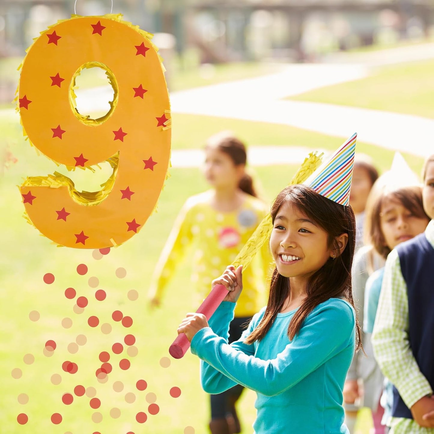 Orange and Red Star Number 9 Pinata, 16 Inch Piñata for 9th Birthday Party Decorations with Stick, Blindfold and Confetti (15.7 inch Number 9 Pinata)