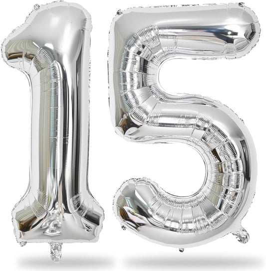 Number 15 Balloons Silver, Giant Number 1 & 5 Helium Foil Balloon for Girls 15th Birthday Decor, 40 Inch Self Inflating Mylar 15 Balloons Number for Man Women Anniversary Party Decorations Supplies