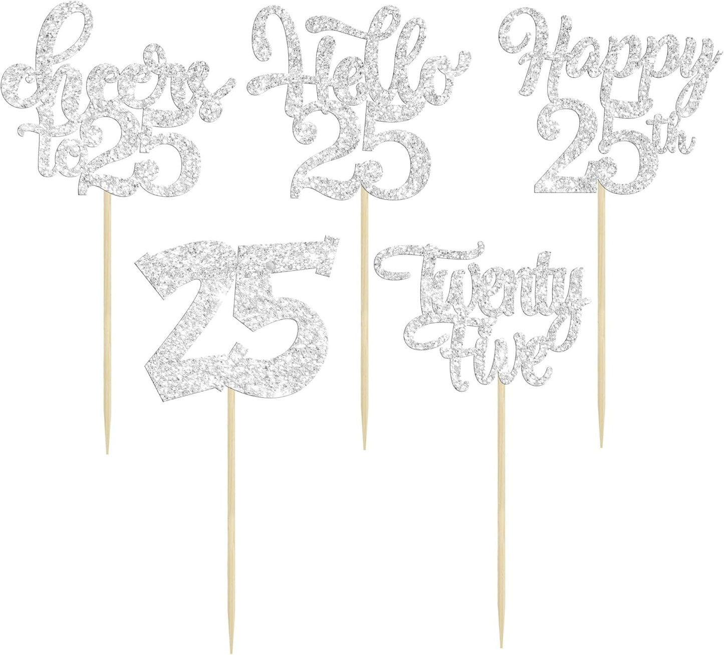 30pcs 25th Birthday Cupcake Toppers - Silver Glitter Cheers to 25 Years Old Cake Decorations for 25th Birthday Anniversary Party Supplies
