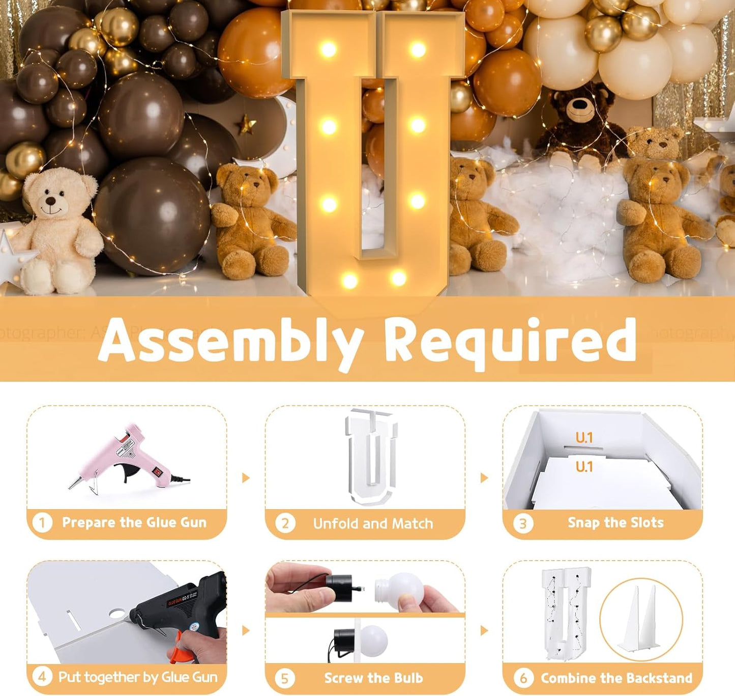 imprsv Marquee Light Up Letters, 3FT Marquee Letters for Birthday Baby Shower Wedding Decorations Light Up Letters for Engagement Party Decor, Large Marquee Letters for Party Decorations, Letter U