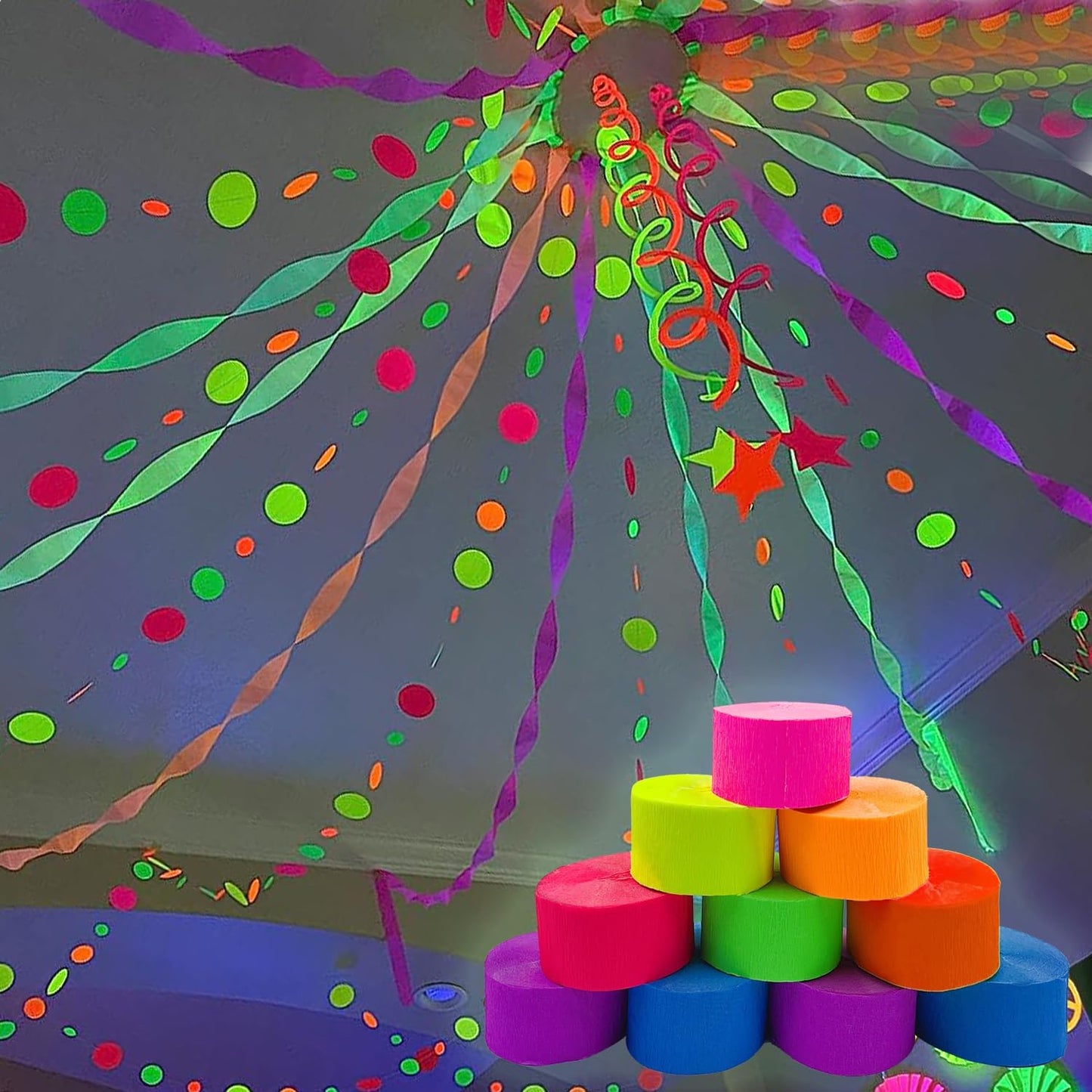 1776 feet Glow Party Neon Streamer Decorations Glow Crepe Neon Paper Streamers UV Reactive Blacklight Fluorescent Glow in The Dark Party Supplies and Decorations Wedding Birthday