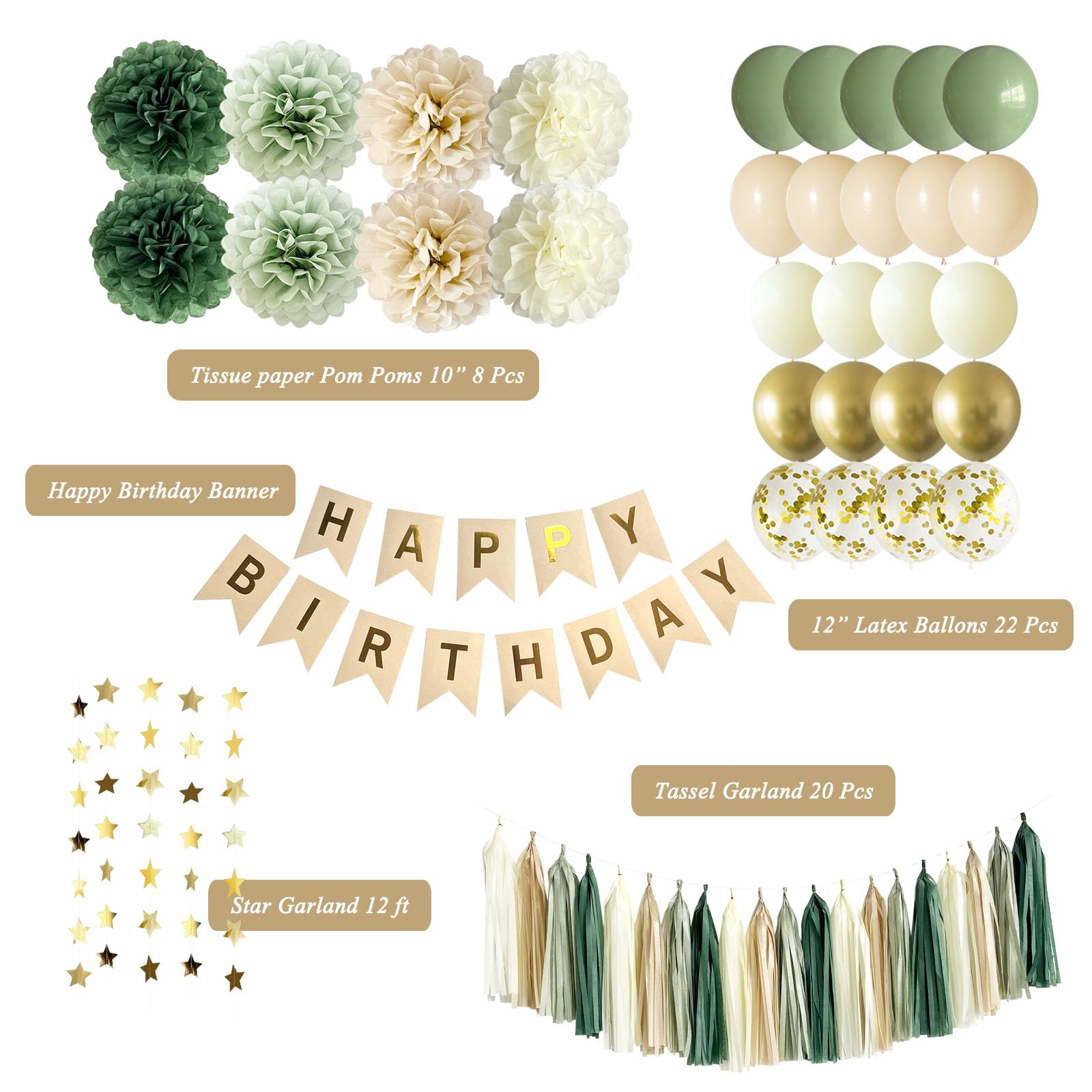ANSOMO Sage Green Happy Birthday Party Decorations Retro Green Nude Ivory Dark Olive Kraft Paper