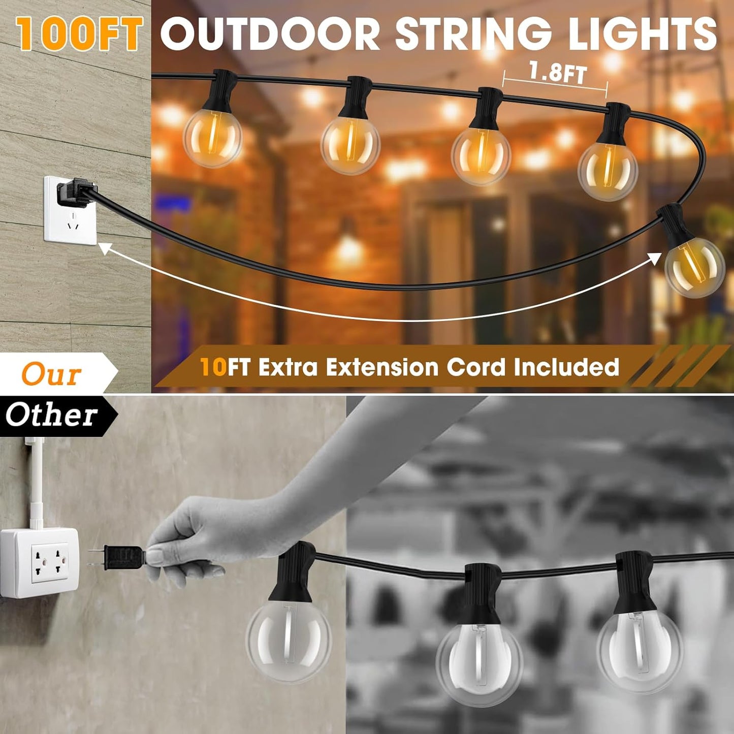 Outdoor String Lights 100FT, G40 LED Patio Lights with 52 Shatterproof Bulbs(2 Spare), All Weatherproof Hanging Lights for Outside Backyard Party Cafe Decor