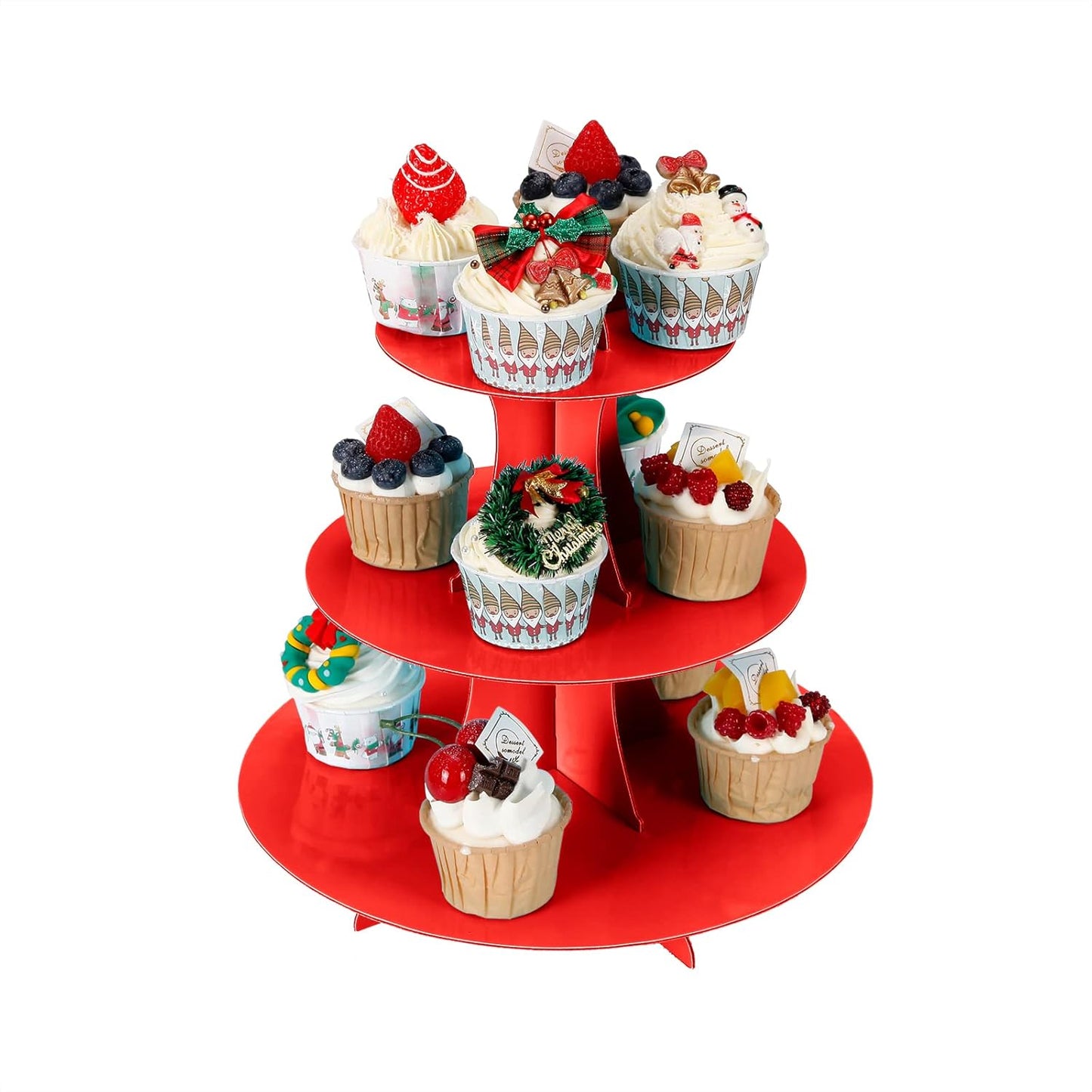 2Pcs 3-Tier Cupcake Stand, Cake Stand holder, Tiered DIY Cupcake Stand Tower for Dessert Table Displays, Birthday Theme Party Favors Decoration, Floral Tea Party, 12" W x 12.8" H, Red