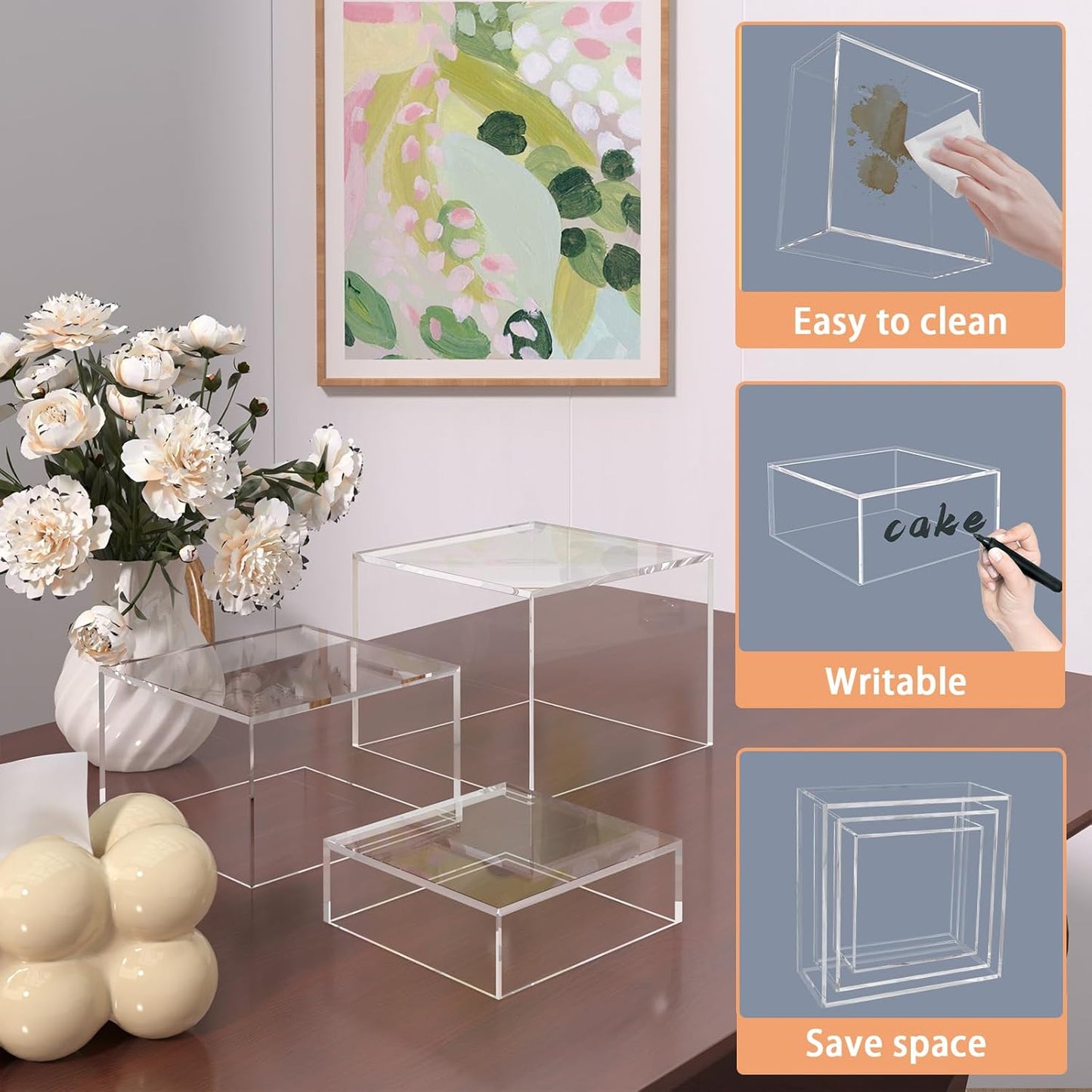 Buffet Risers, Food Display Risers for Party, Crystal Clear Acrylic Risers Display Stand for Buffet Table, Catering Displays for Dessert, Cube Box Nesting Riser with Hollow Bottom