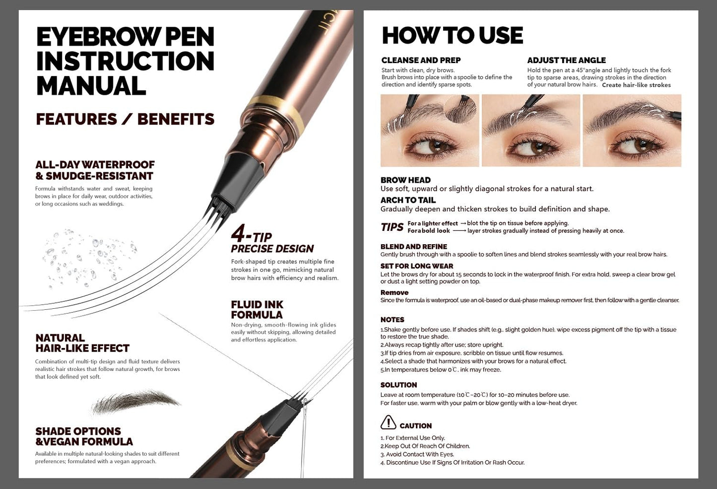 2 Pack Eyebrow Pen, Waterproof Microblading Eyebrow Pencil, 4 Tip Precise Eye Brow Makeup Pen for Women to Effortlessly Create Hair Like Natural Brows, Non Dry Out and Last All Day (Black Brown)