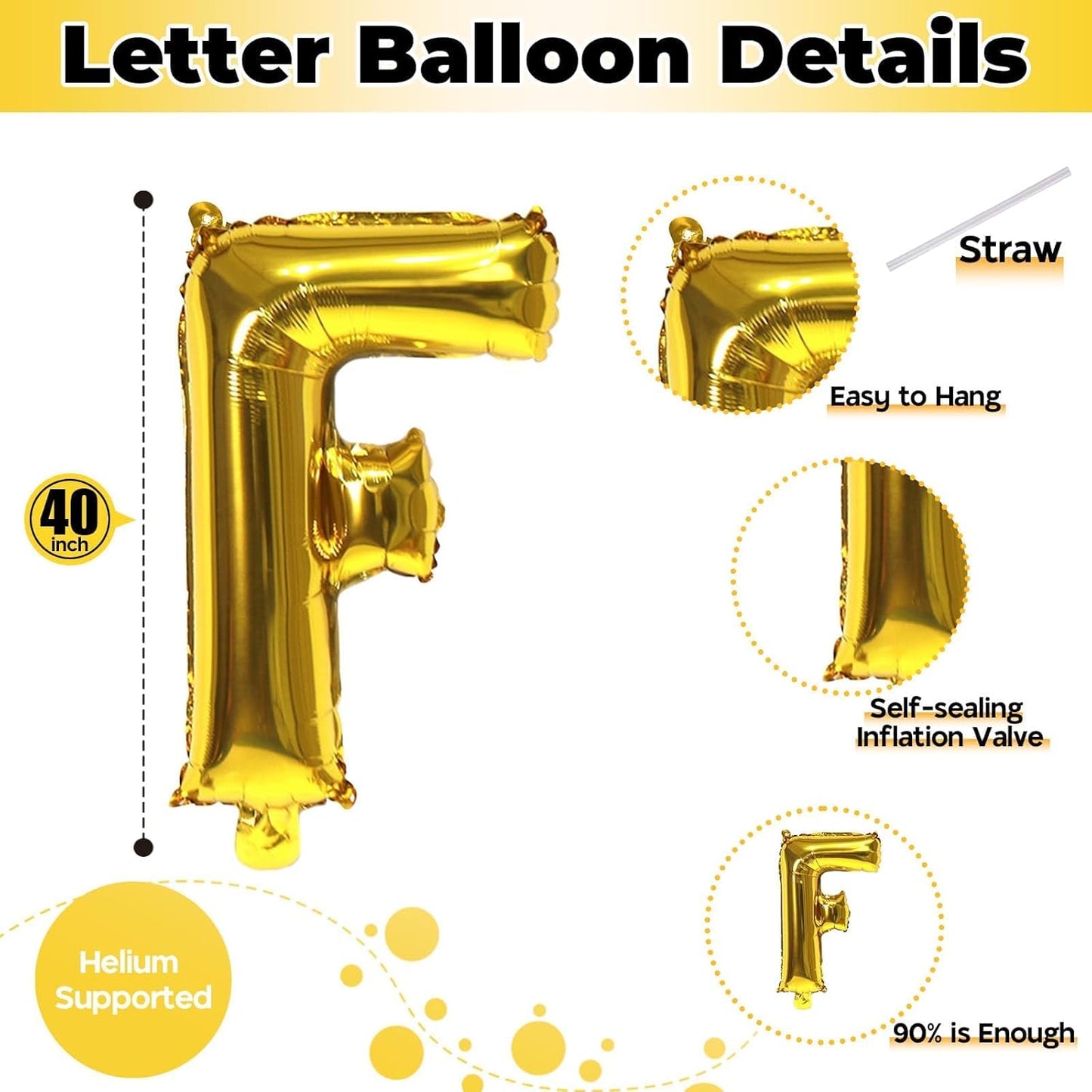 Letter Balloons Gold, 40 Inch Alphabet Name Balloon, Large Self Inflating Custom Balloon F Decor, Helium Foil Letter Name Word Balloons for Men Birthday Party Anniversary Decorations Supplies
