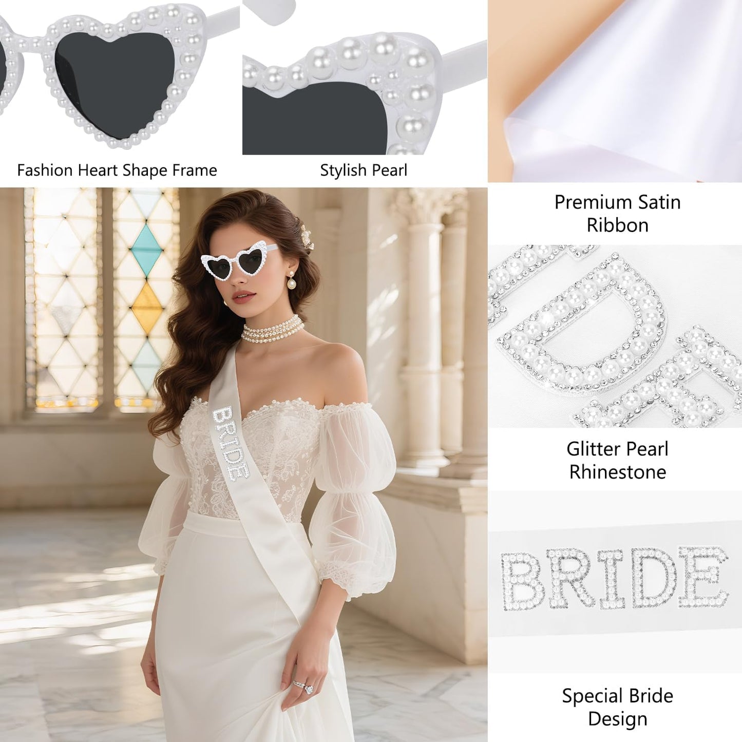 4 Pcs Bachelorette Party Decorations, BRIDE Crown,Pearl Bride Sash,White Bow Bride Veil,Bride Sunglasses for Women Bachelorette Party Gifts, Bridal Shower Supplies, Brides Accessories,Gifts, Favors