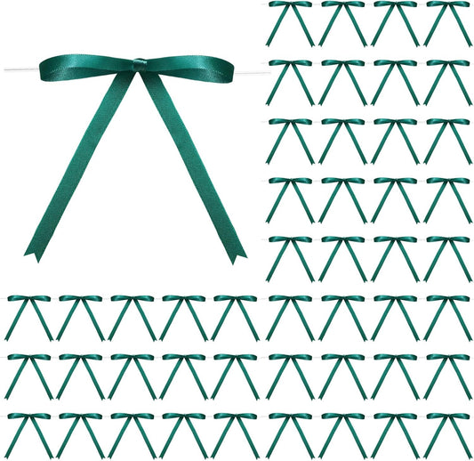 Riceshoot 100 Pcs Twist Tie Bows Bulk 5x7 Inch Satin Ribbon Bows for Gift Wrapping Cake Treat Bags Craft DIY Gift Wedding Baby Shower Birthday Party (Green)