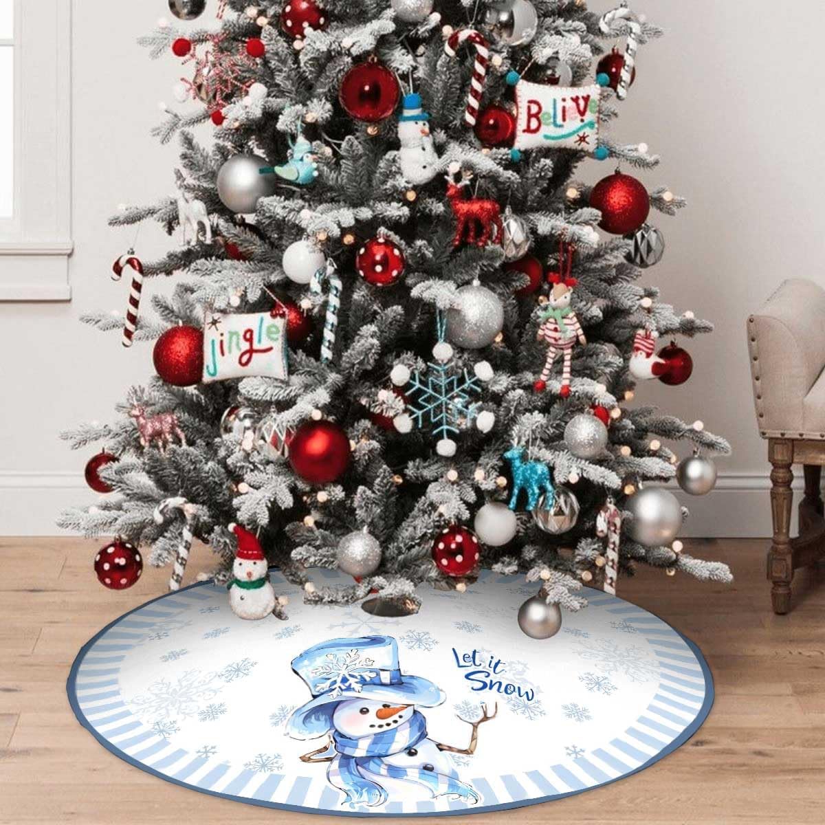 Let It Snow Snowman Christmas Tree Skirt 48 Inches, Blue Snowflake Tree Skirt, Winter Xmas Tree Mat for Home Party Holiday Indoor Outdoor Decorations (Blue, 48in)