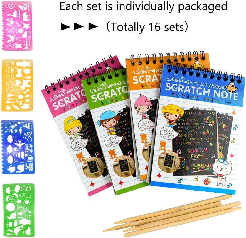 Soumore 16 Pack Scratch Notebooks, Rainbow Scratch Note Combo Art Set, Magic Scratch Painting & Sketch Art Notes Drawing Notepads for Kids - Includes Drawing Stencil and Wooden Stylu with Each Note