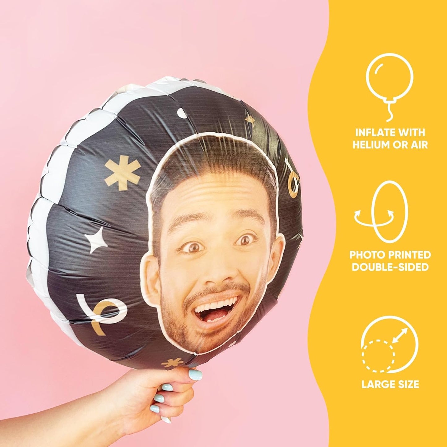 Big Dot of Happiness Personalized Fun Face Photo Black & Gold Balloons, Custom Birthday Balloons, Anniversary Decorations, Bachelorette Party Decor, Circle Double-Sided Mylar Balloon, 1 Piece
