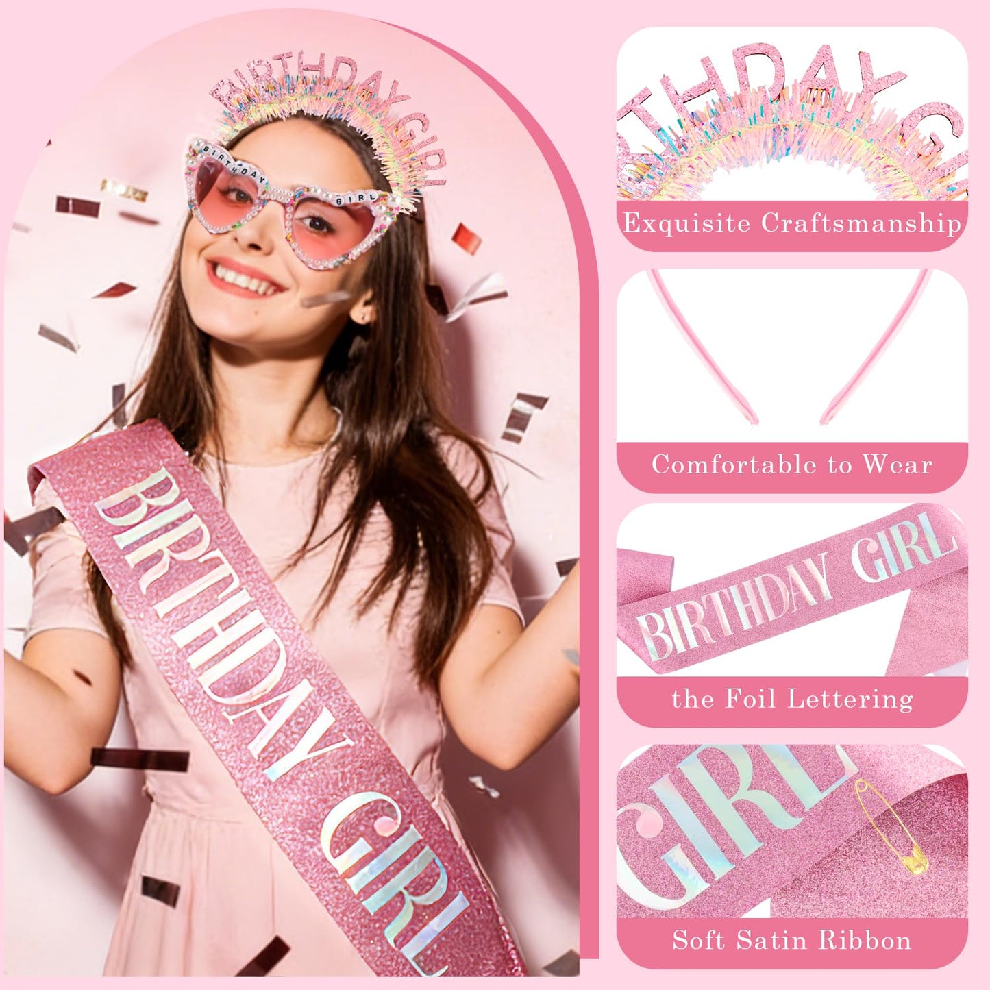 Atoden Birthday Girl Sash Glitter Headband Tiara Crown Sunglasses Pink Happy Birthday Decorations