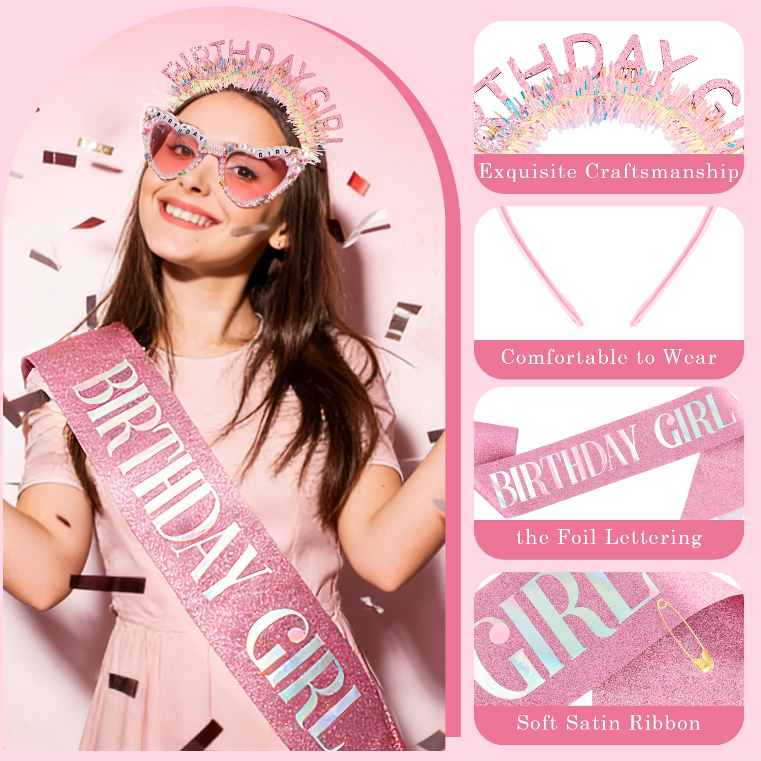 Atoden Birthday Girl Sash Glitter Headband Tiara Crown Sunglasses Pink Happy Birthday Decorations