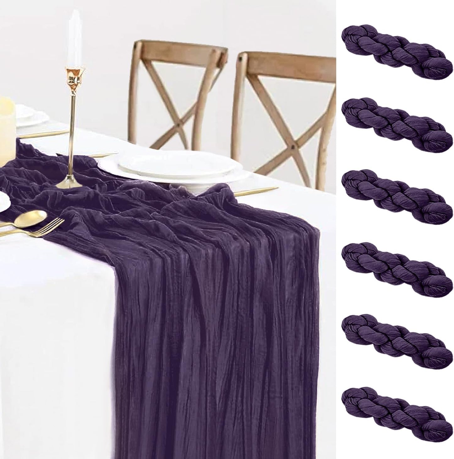 6 Pack Plum Purple Cheesecloth Table Runner 35x120 Inch Boho Gauze Table Runner Rustic Cheese Cloth Long Romantic Table Runners for Wedding Bridal Shower Birthday Party Table Decor