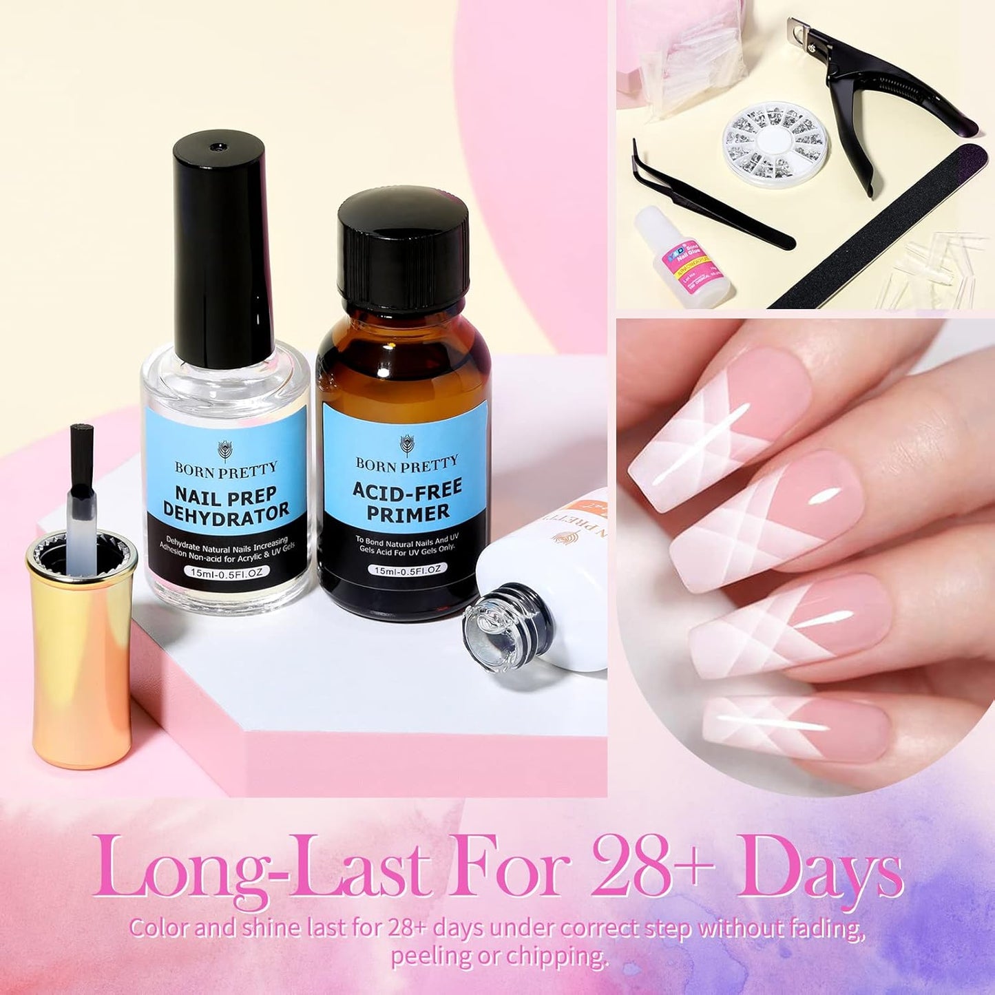 BORN PRETTY Acrylic Nail Kit with Everything ,96PCs Acrylic Powder and Liquid Monomer Set with 24Colors Glitters Acrylic Nail Brush Nail Tips Nail Primer Nail Art Supplies for Extension Gift