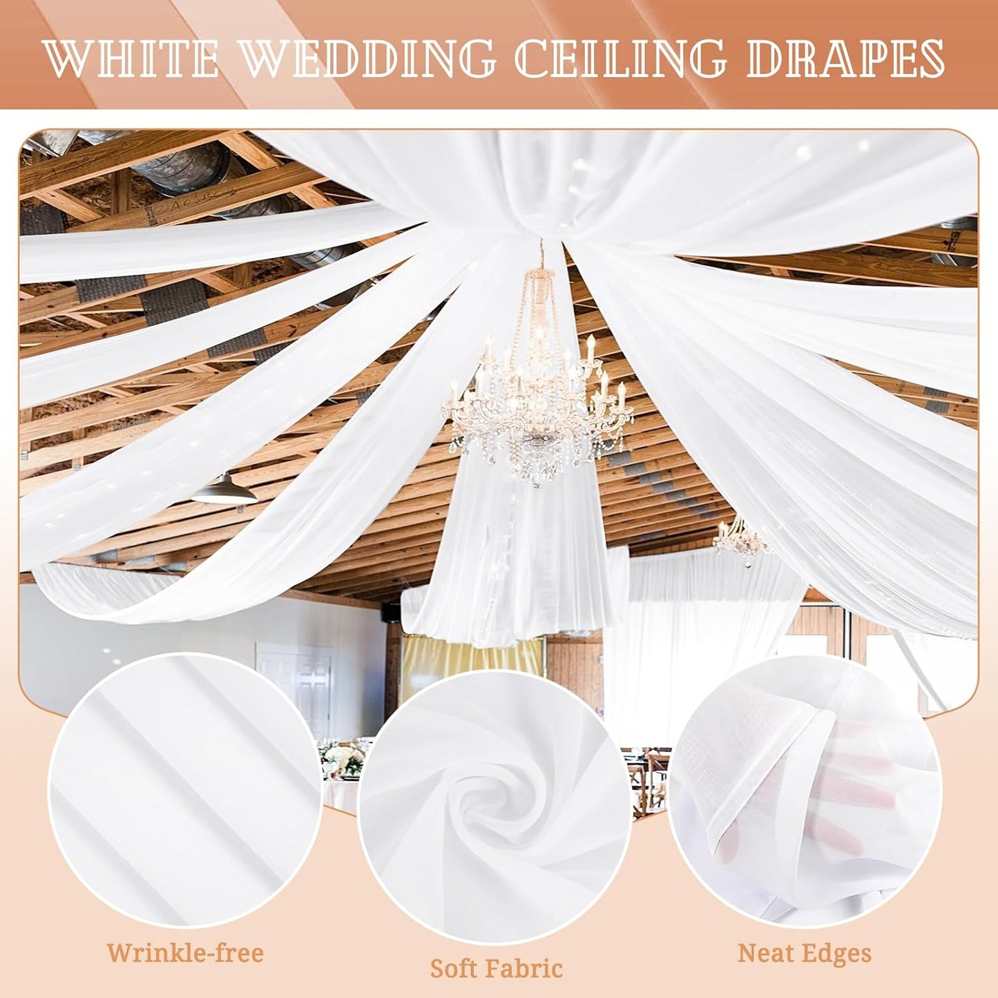 6 Panels White Ceiling Drapes 5ftx30ft Sheer Drapery Ceiling Curtains Chiffon Fabric Arch Draping for Wedding Party Ceremony Birthday Baby Shower Reception Stage Ceiling Decorations