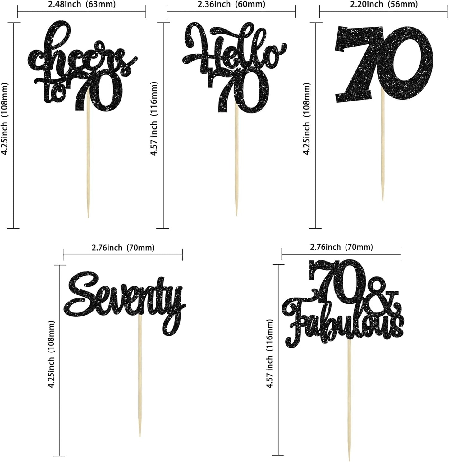 30Pcs Happy 70th Birthday Cupcake Toppers Seventy Cheers to 70 Years Old Birthday Cupcake Picks for 70th Birthday Anniversary Party Cake Decorations Supplies Black Glitter