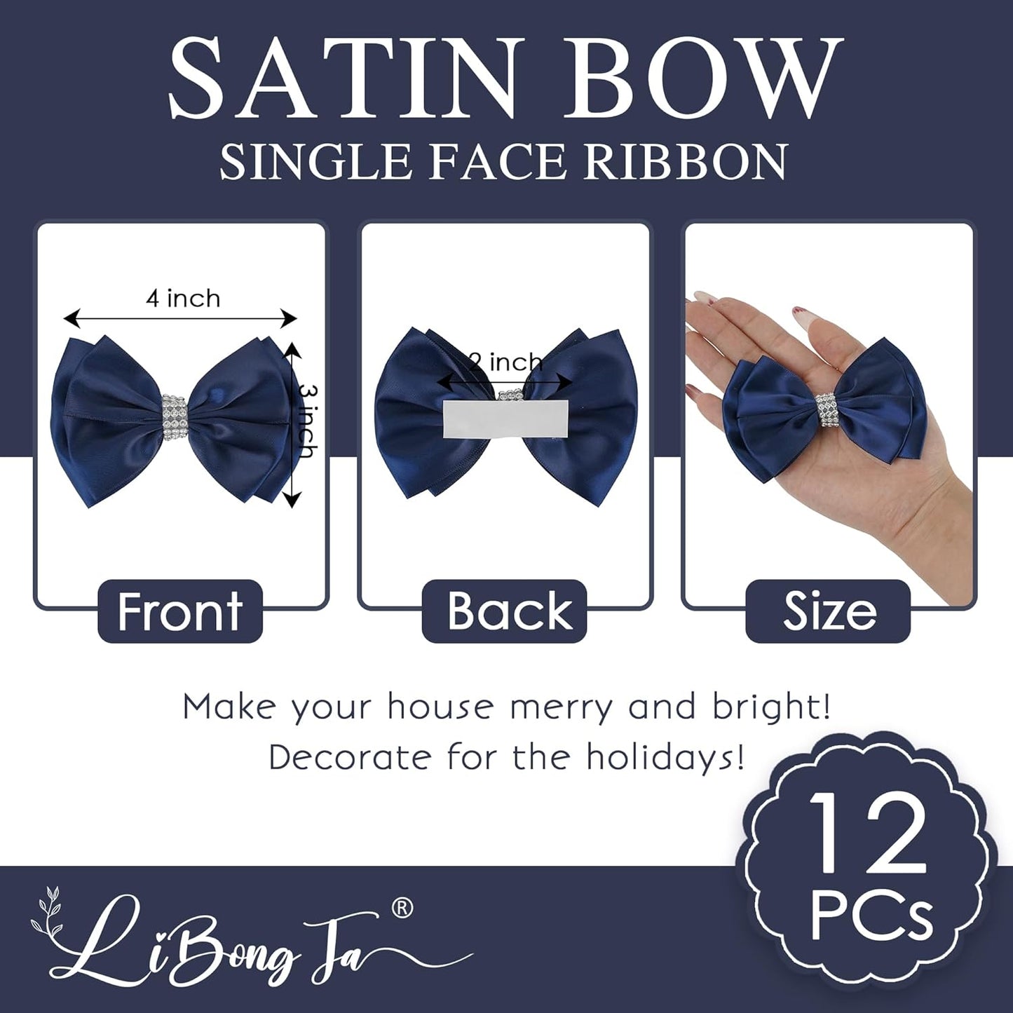 Navy Satin Bows 4'' Premade Blue Ribbon Bow, Gift Bows with Rhinestone, Wrapping Bows for Presents, Greeting Cards, Treat Bags, Wine Bottles, Valentines Bows for Gift Wrapping-12 Counts