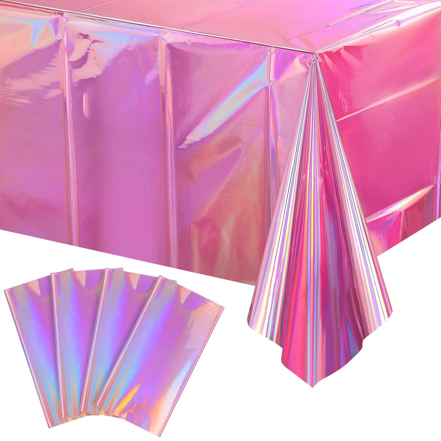 4 Pack Iridescent Pink Plastic Tablecloths, FunnyPars Shiny Disposable Laser Rectangle Table
