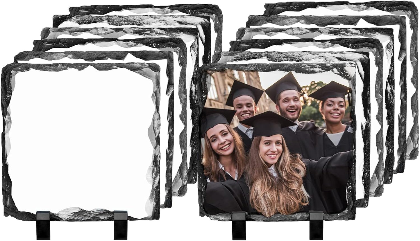 PYD Life 12 Pack Sublimation Photo Slates Rock Blanks 5.5 x 5.5 Inch Bulk Square Stone Frame White with Display Holder for Heat Transfer Printing