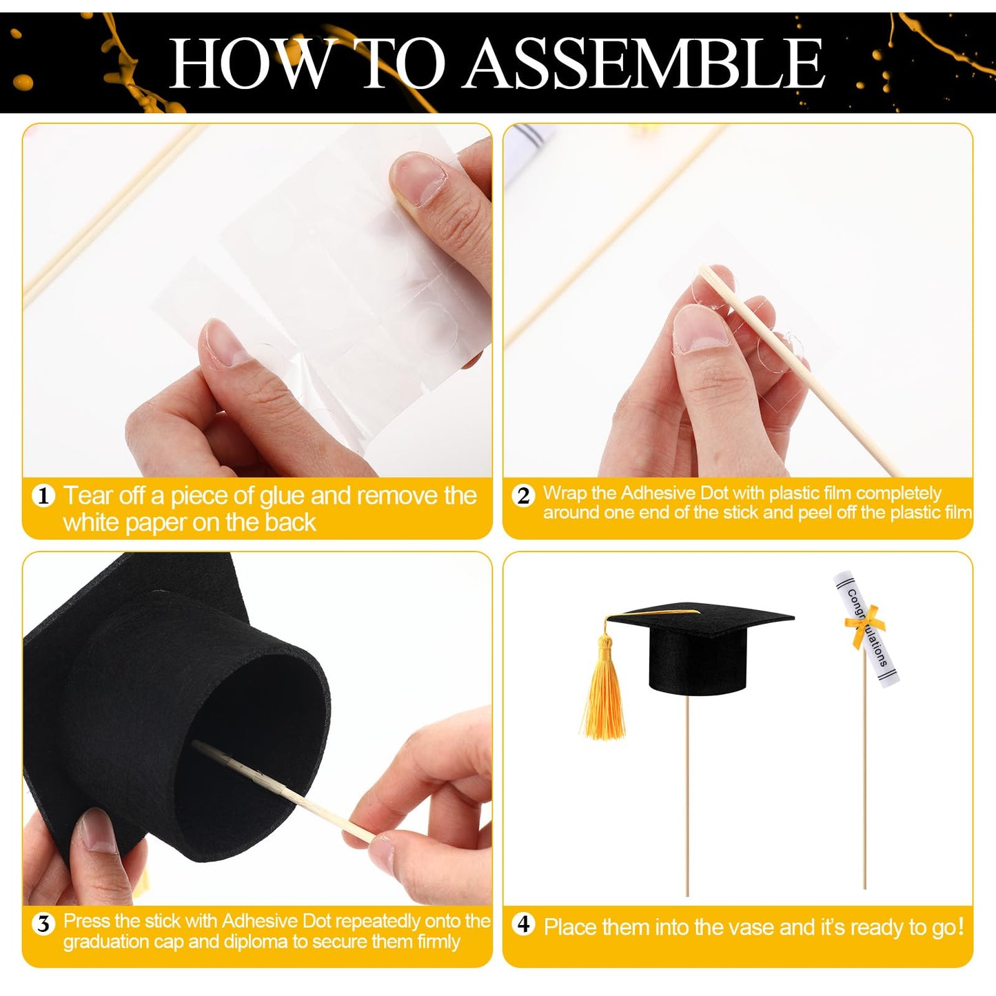 Breling Graduation Centerpiece Felt Cap Sticks,Black and Gold,12 Pcs