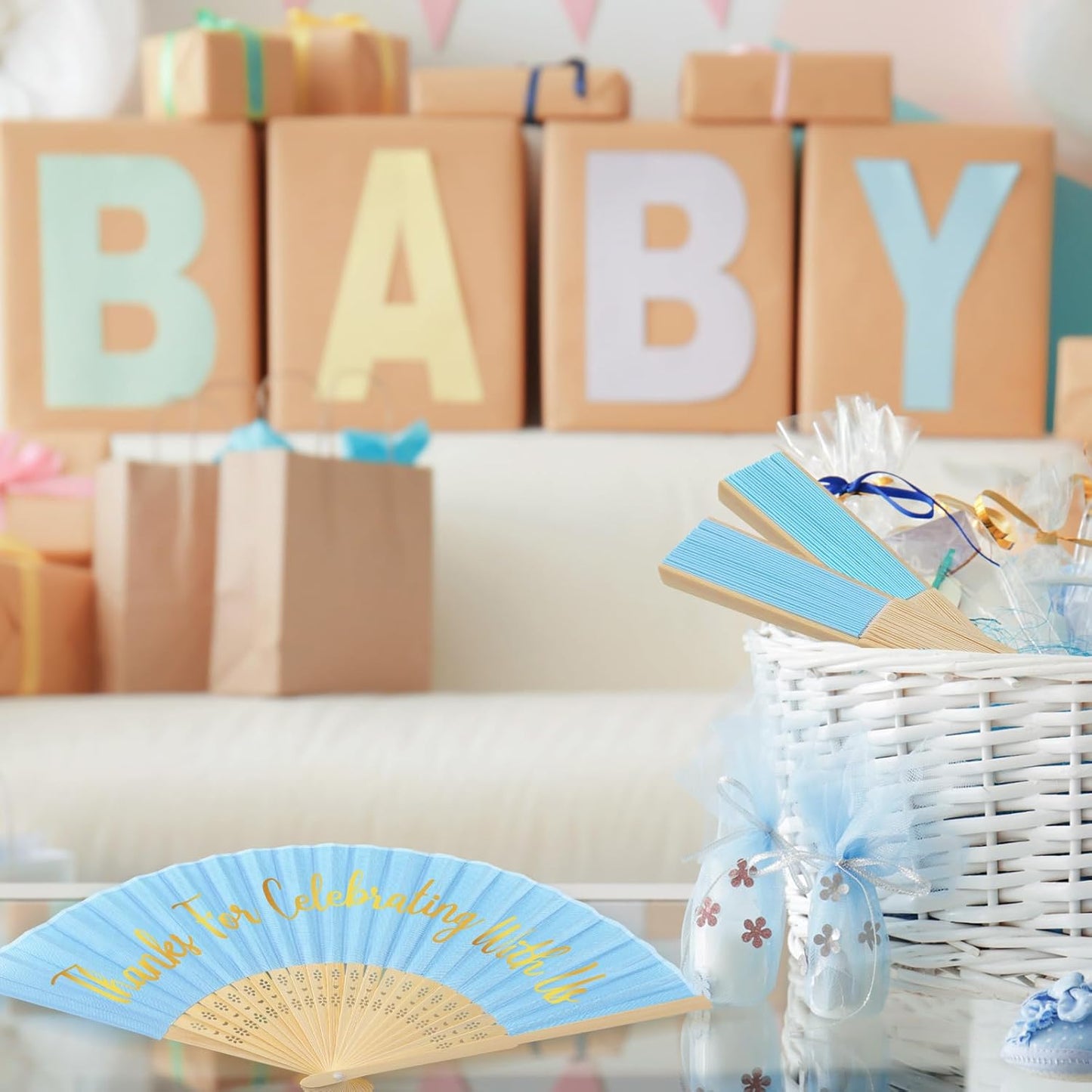 Jetec 50 Pcs Wedding Fans for Guests Bulk Silk Hand Fans Handheld Folded Thank You for Celebrating with Us Wedding Favors for Bridal Bridesmaid Baby Shower Dancing Party Church Gift(Blue)