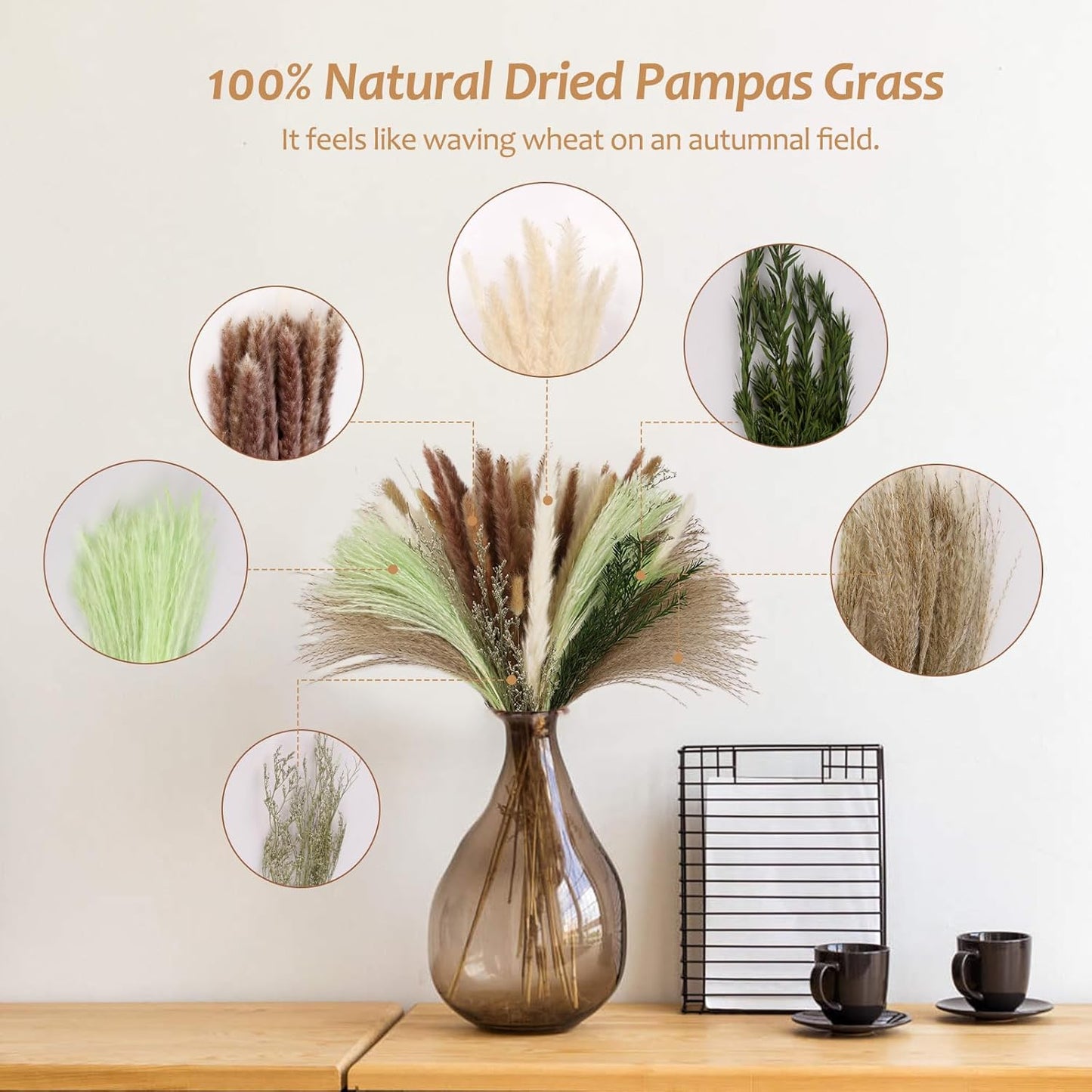 N&T NIETING 85 Pcs Green Dried Pampas Grass-White Pompas Grass, Brown Pampass Grass, Green Pompas, Reed Grass, Valentine Grass, Bunny Tails Dried Fowers for Home Wedding Boho Decor(18 Inch)