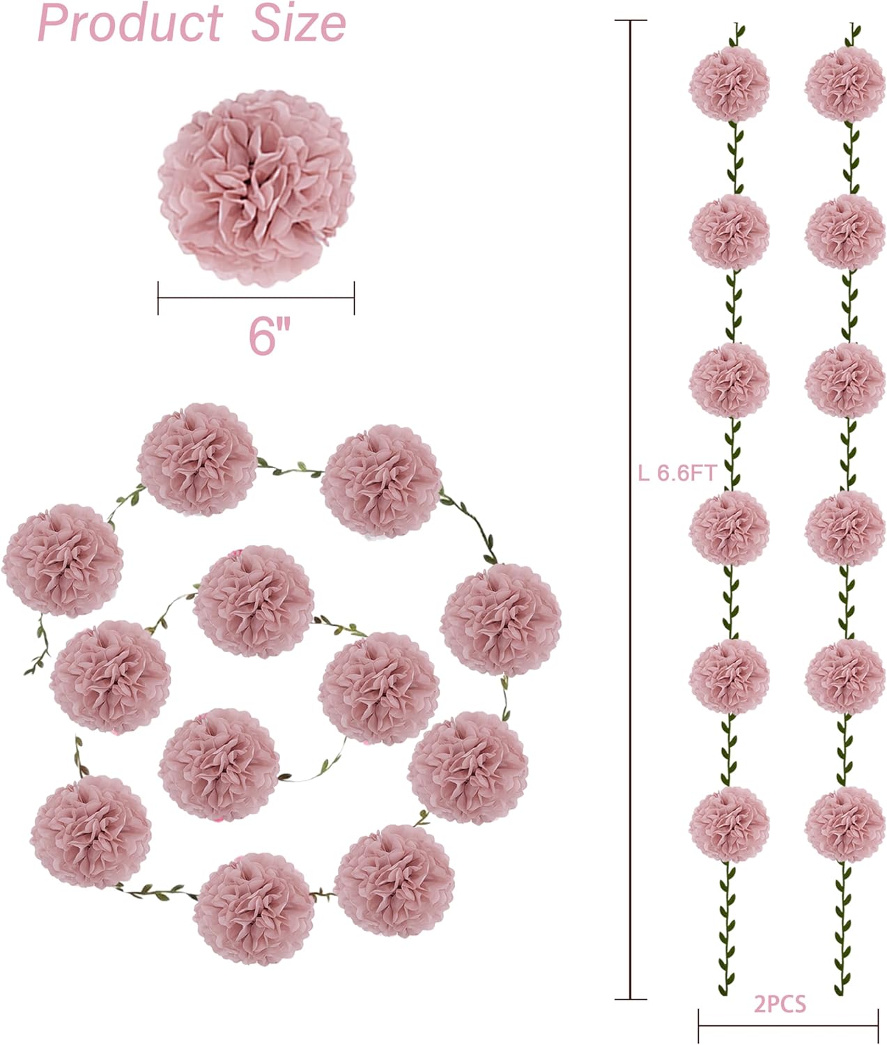 2 Pack Rose Pink Tissue Paper Pom Pom Garlands Hanging with Cloth Vine for Nature Garden Fence Birthday Paty Decorations, 6.6Ft Length
