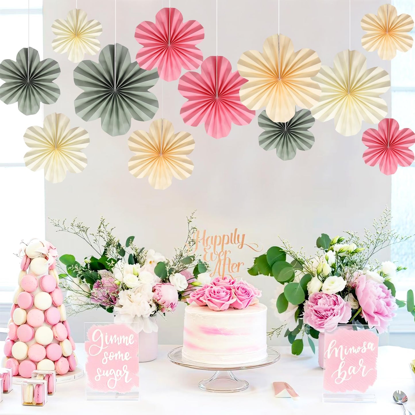 BestoFun 12 PCS Paper Flowers Fans – Sage Green Pink Beige Boho Party Decorations – Reusable Tissue
